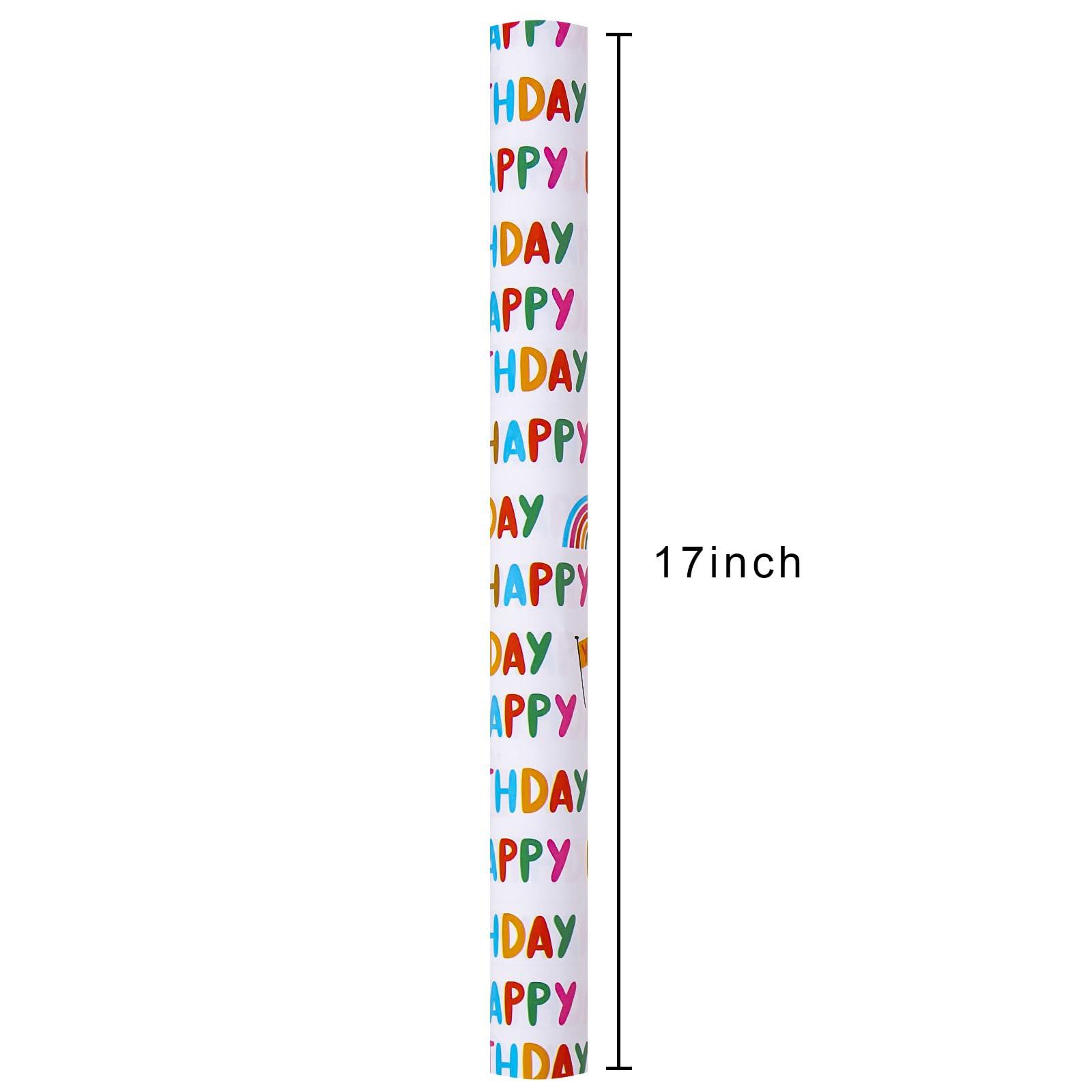MAYPLUSS MAYPLUSS Birthday Mini Wrapping Paper Roll-46.8sqft. White with Colorful Happy Birthday Lettering, Gift Box for Birthday, Baby Shower, Party-17in x 33ft