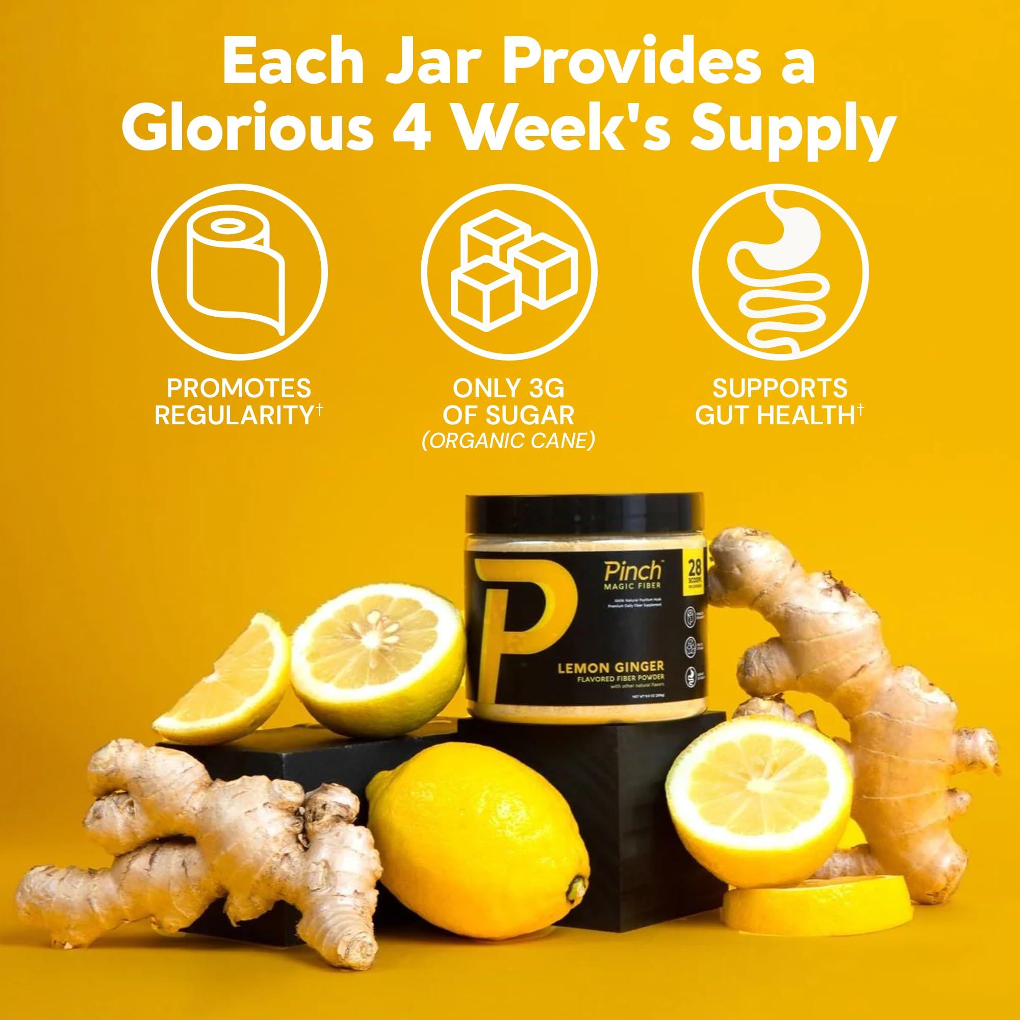 Pinch Pinch Magic Fiber Supplement Powder | Lemon Ginger Flavored Psyllium Husk Powder for Digestive Health & Gut Support | Low Sugar Supplement for Keto & Vegan Diets | USA-Made | 28-Day Supply
