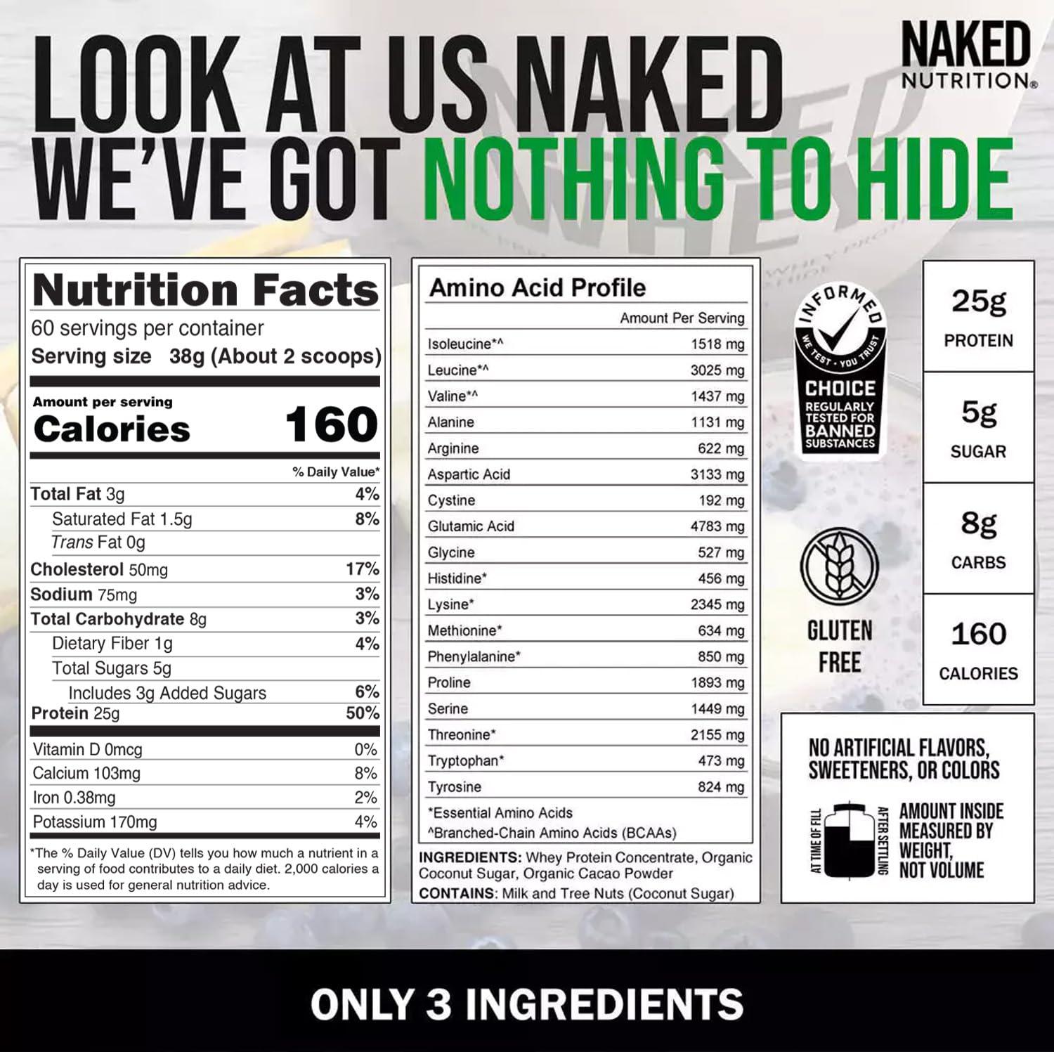 NAKED nutrition NAKED Whey Protein Supplement Powder, Chocolate, GMO Free, Soy Free, Gluten Free Aid Muscle Growth and Recovery 60 Servings, 5 Ib