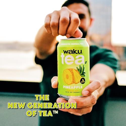 W WAKU HEALTHY TRADITION WAKU TEA, Prebiotic Herbal Tea, Pineapple, Supports Digestive & Gut Health, Keto Friendly, Zero Added Sugar, 5g Fiber, Caffeine Free, Natural Sweetner, 12 pack, 12oz Cans