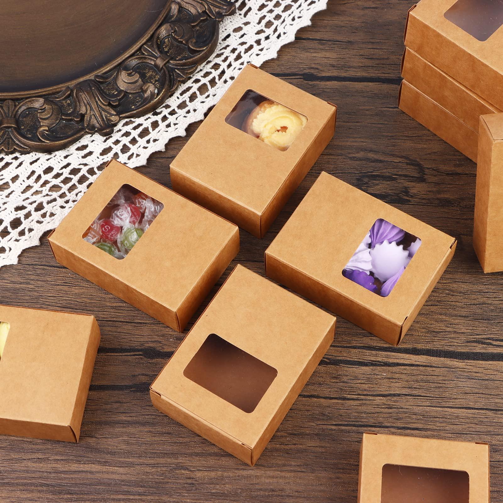 PINKXHY PINKXHY 100 PCS Mini Kraft Paper Box with Square Window Soap Packaging Boxes Craft Cardboard Present Container for Homemade Soap Favor Treat Bakery Candy, 3.5 x 2.6 x 1.2 Inch (Brown)