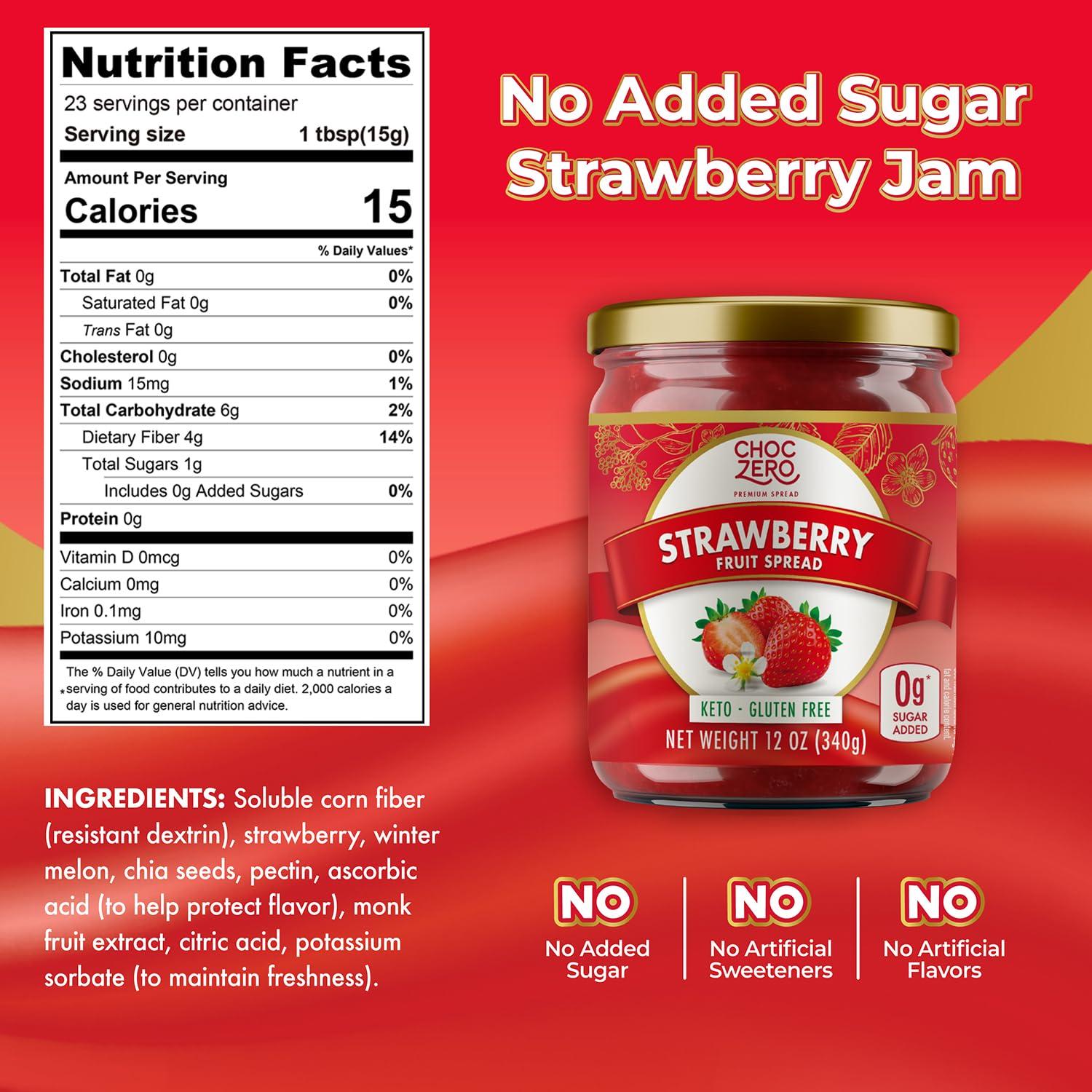 ChocZero ChocZero Keto Strawberry Fruit Spread, No Sugar Added, Keto Friendly, All Natural, Gluten Free, Sweetened with Monk Fruit (1 jar, 12 oz)