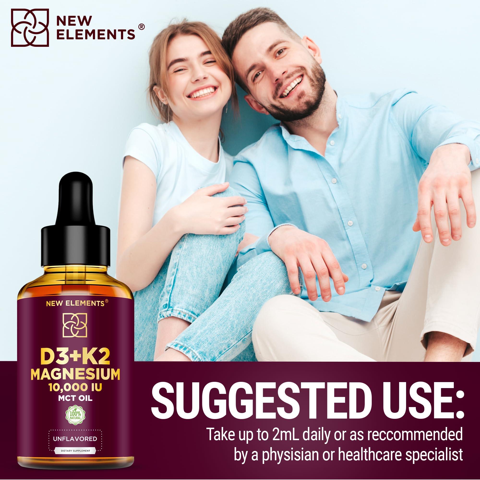 New Elements Liquid Vitamin D3 K2 10000IU with Magnesium Glycinate 5mg | VIT D3 K2 Drops for Adults | Mk7 Vitamin K2 100mcg | Vitamin D3 + K2 Supplement for Men & Women | Gluten Free | Non-GMO