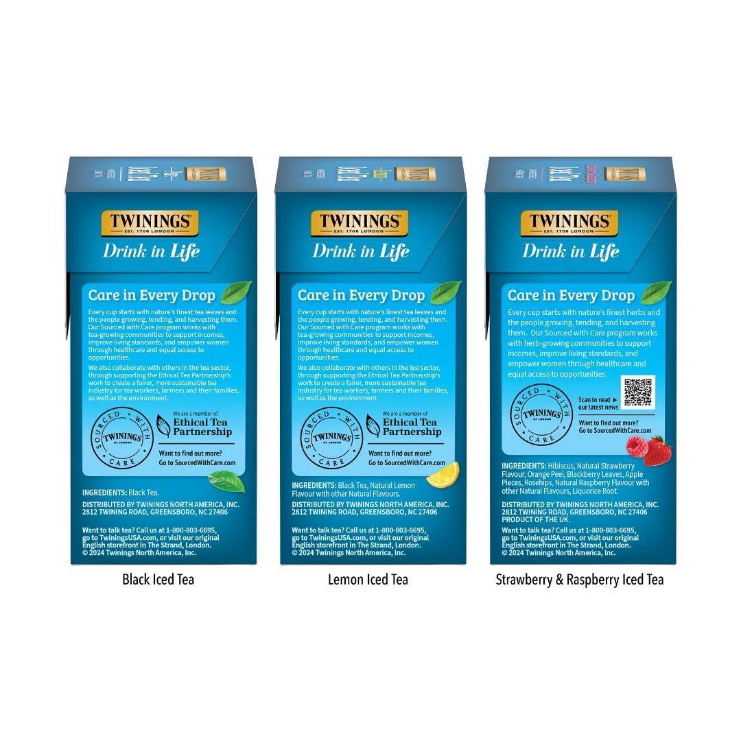 Twinings Twinings Iced Tea 3 Pack Variety Bundle (Black, Lemon Black, and Strawberry & Raspberry) 72 Count (Pack of 3), Makes 36 Pitchers or 432 Servings, Unsweetened, Caffeinated