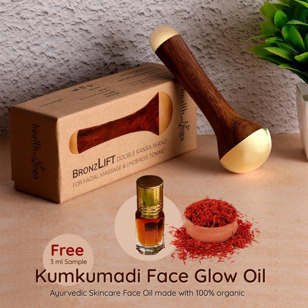 SoulGenie HealthAndYoga BronzLift Kansa Wand - Both Side Bronze Cap - Added Beauty Face Oil Vial - Ayurveda Face Yoga Beauty Tool - Facial, Neck & Under-Eye Massage Toning and Sculpting (Double Dome)