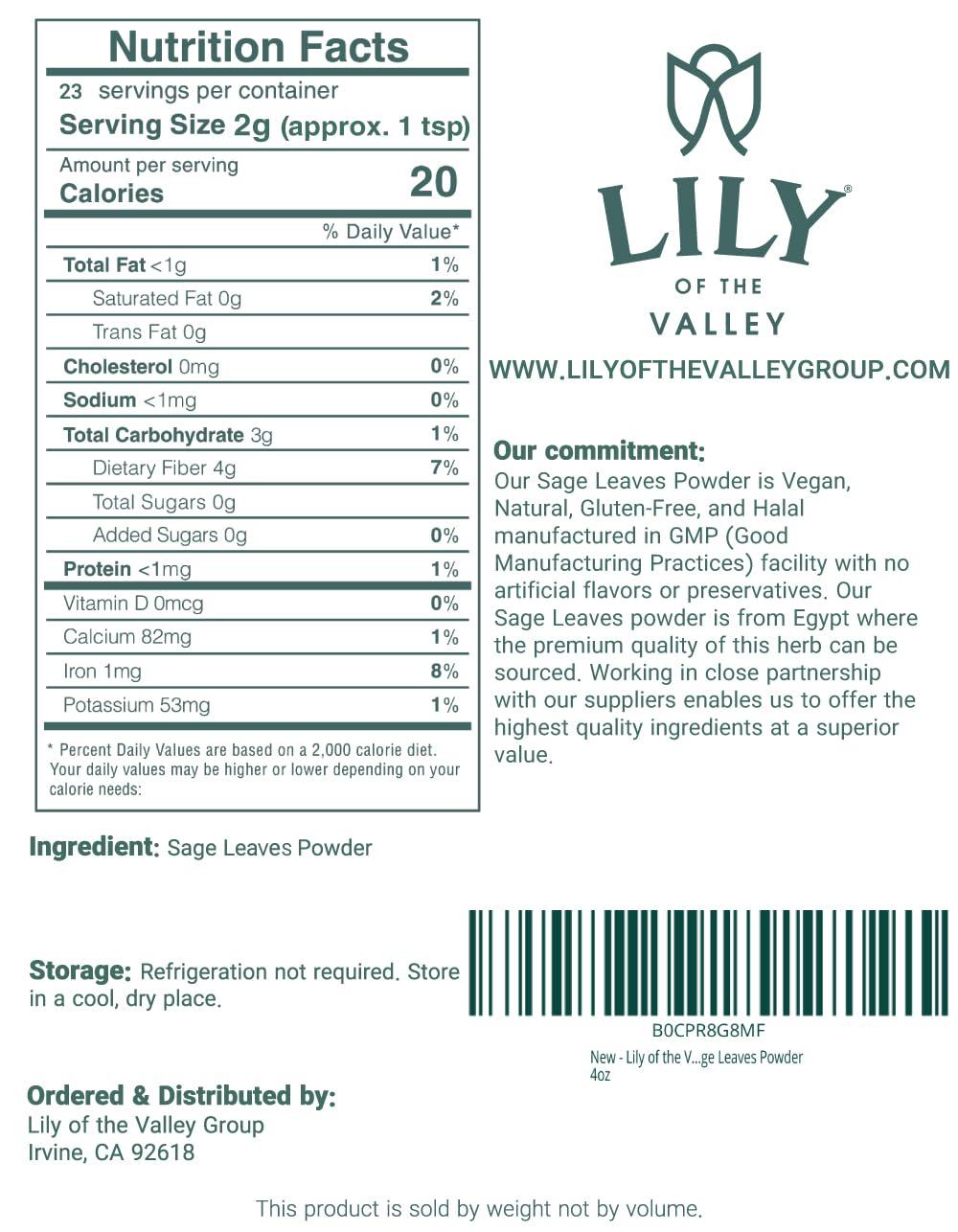 LILY OF THE VALLEY Lily of the Valley Sage Leaf Powder - Ground Dried Sage leaves - Seasoning Herb Spice - No Fillers & No Additives - Great for Cooking - Vegan & Gluten-Free - Packed in Resealable Pouch (16oz, 453g)