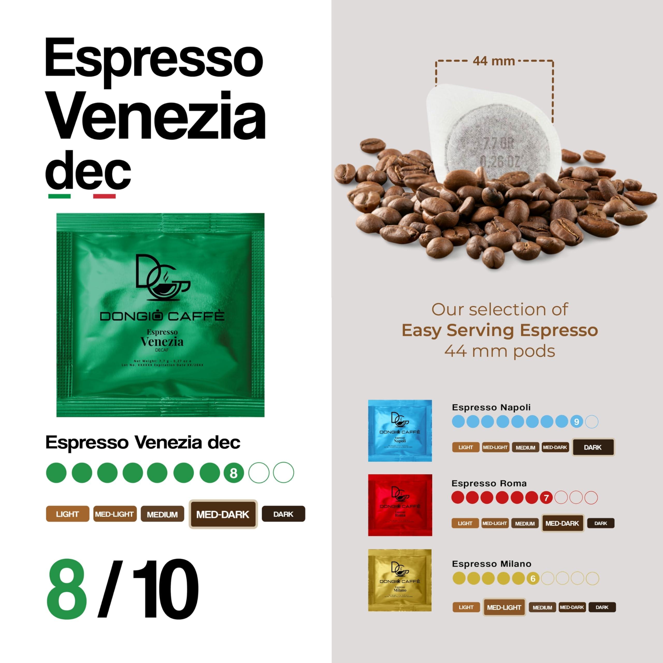 DONGIO CAFFE Dongi Caff Espresso Venezia (decaffeinated), ESE 44mm Pods, Blended and Roasted in Italy 50 Single-Serve Coffee Pods, Med-Dark Roast (Intensity 8/10)