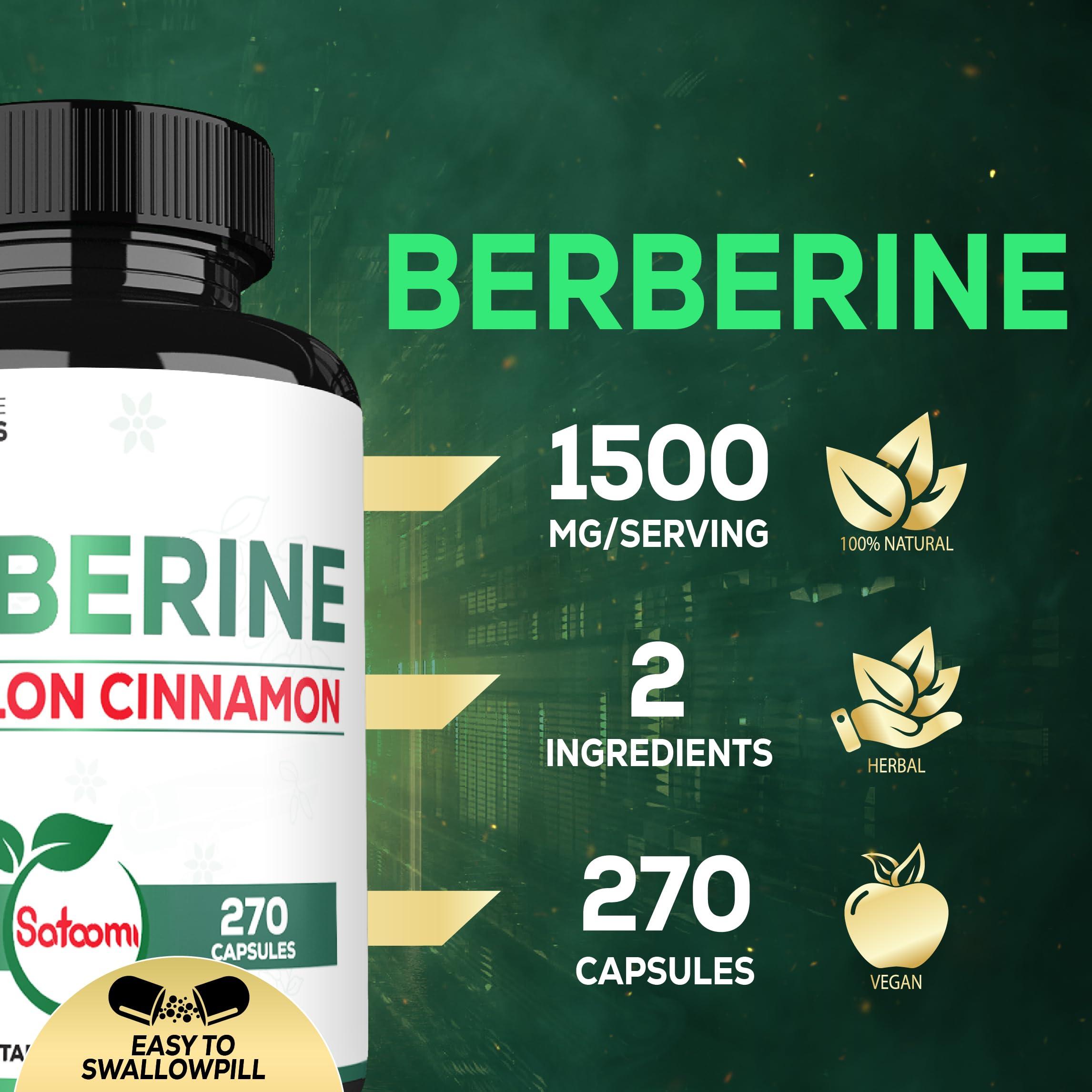 Satoomi Berberine with Ceylon Cinnamon Supplement - 1500mg Extra Strength for Immune System, Digestive Health, Body Management & Energy Production - 270 Capsules - Gluten-Free, Non-GMO