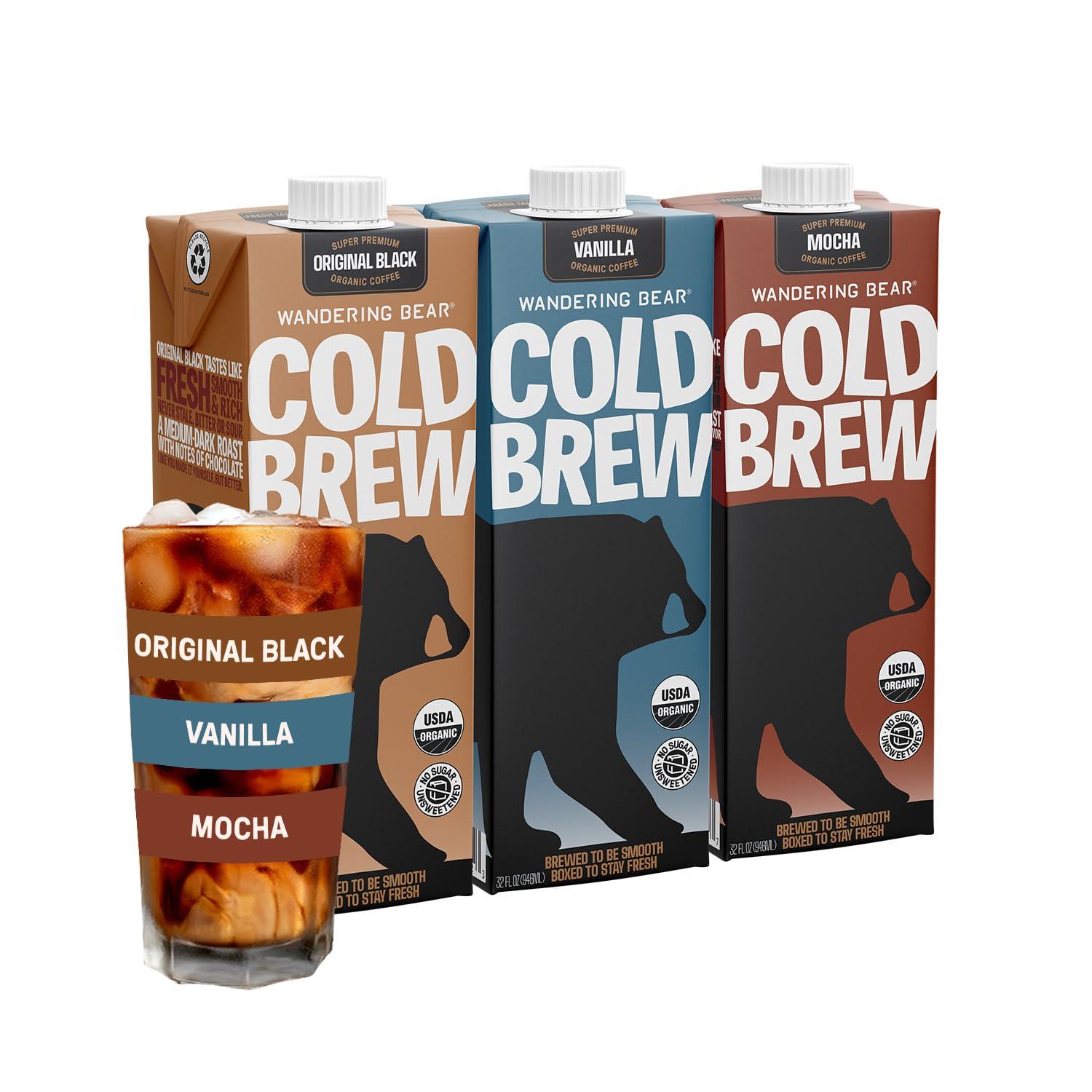 Wandering Bear Wandering Bear Extra Strong Organic Cold Brew Coffee, Variety Pack, 32 fl oz, 3 pack - Straight Black, Vanilla, & Mocha - Ready to Drink Iced Coffee, Cold Brewed Coffee, Cold Coffee
