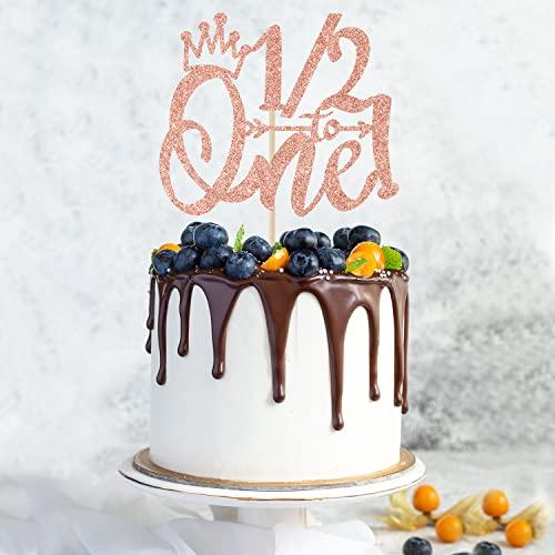 LOVELY BITON 1/2 Way to One Cake Topper, Half Way to One, 1/2 Birthday Cake Topper, Baby Boys Girls 6 Months Birthday Party Decorations Supplies Rose Gold Glitter
