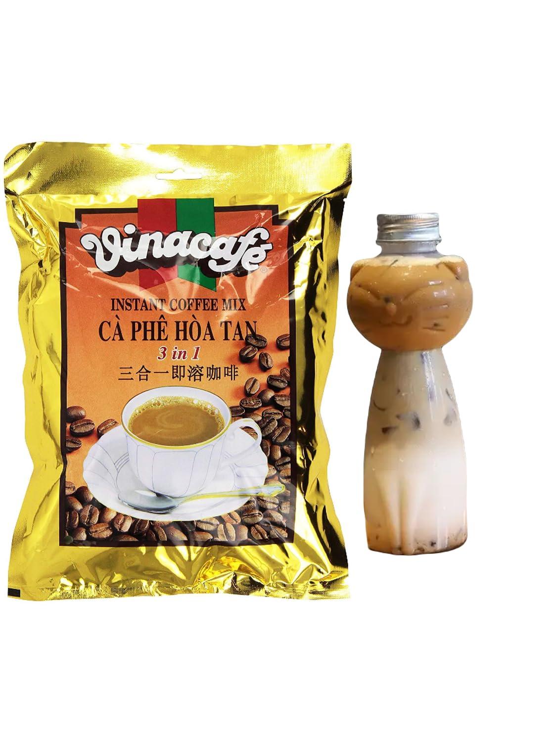 Darong Vinacafe 3 in 1 Instant Coffee Mix, 20 Sachets plus 1pc Plastic Water Bottle, Cartoon Cute Cat Design Kawaii Resuable