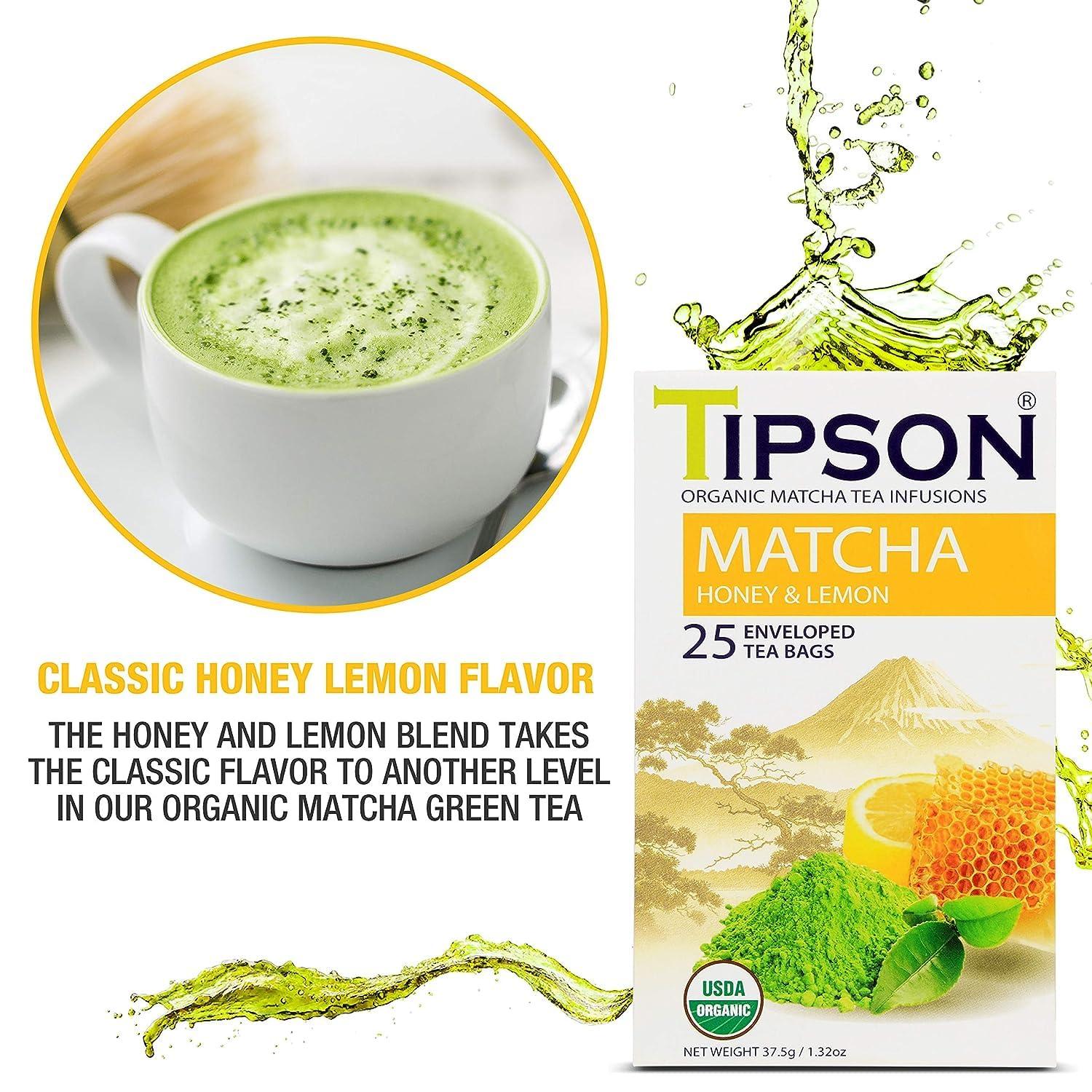 Tipson Tipson Organic Matcha Tea Infusions - Matcha Honey and Lemon Flavor - Non GMO and Gluten Free - 25 Premium Tea Bags (Pack of 1)