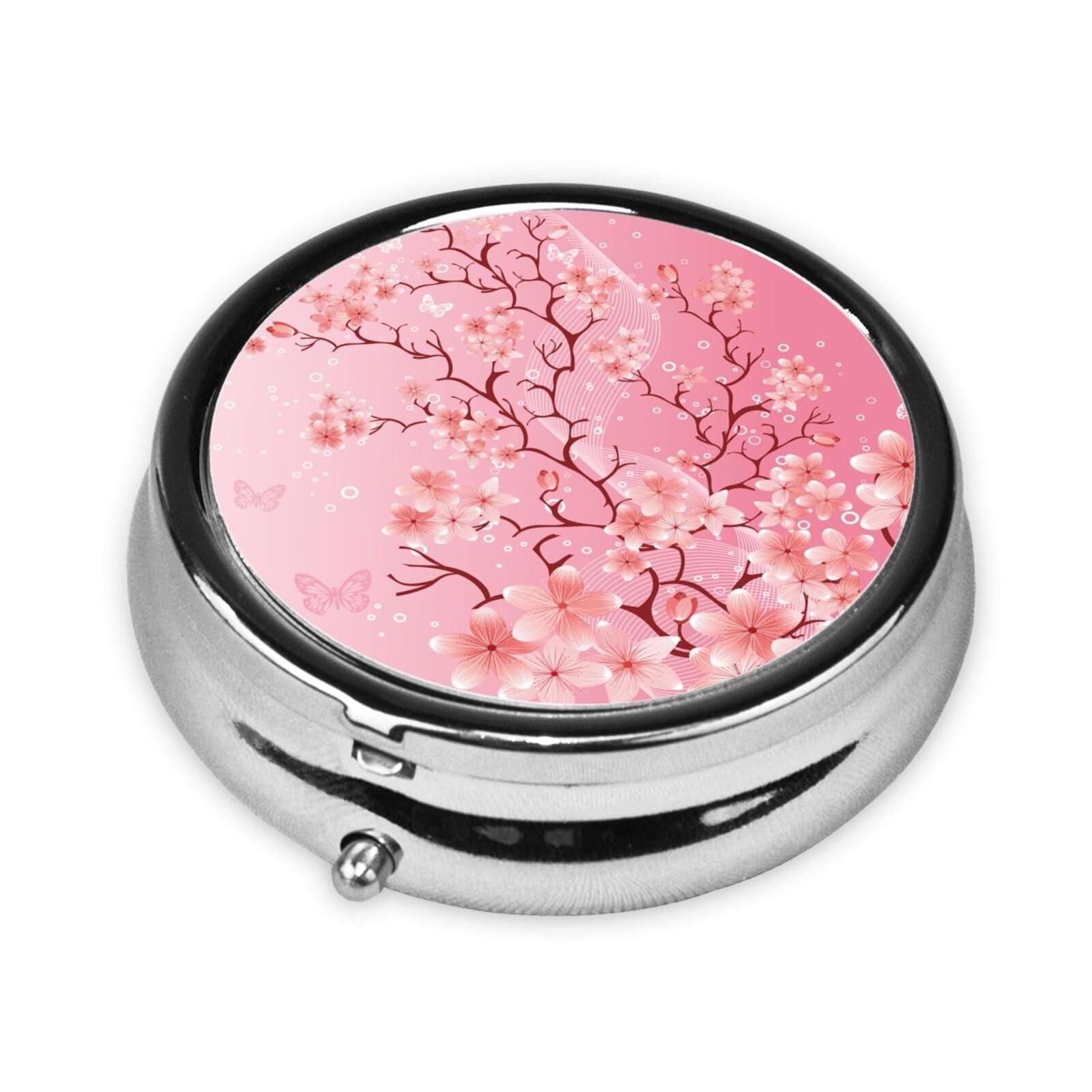 Yipoch Cherry Blossom Japanese Pill Box Small Daily Pill Box Organizer 3 Compartment Pill Case Cute Pill Organizer Vitamin Box Organizer Travel Pill Container Pill Box for Purse Mini Round Pill Dispenser
