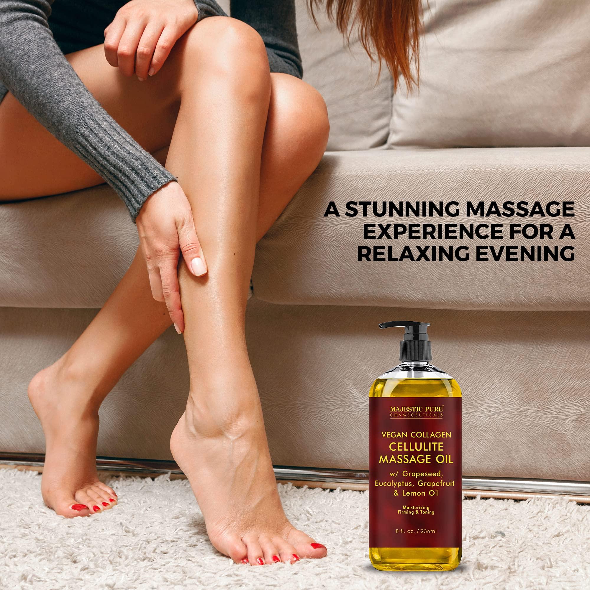 Majestic Pure MAJESTIC PURE Cellulite Massage Oil - with Vegan Collagen & Stem Cells, Unique Blend of Massage Essential Oils - Anti Cellulite Oil Improves Skin Tightening and Firming, 2 x 8 fl oz