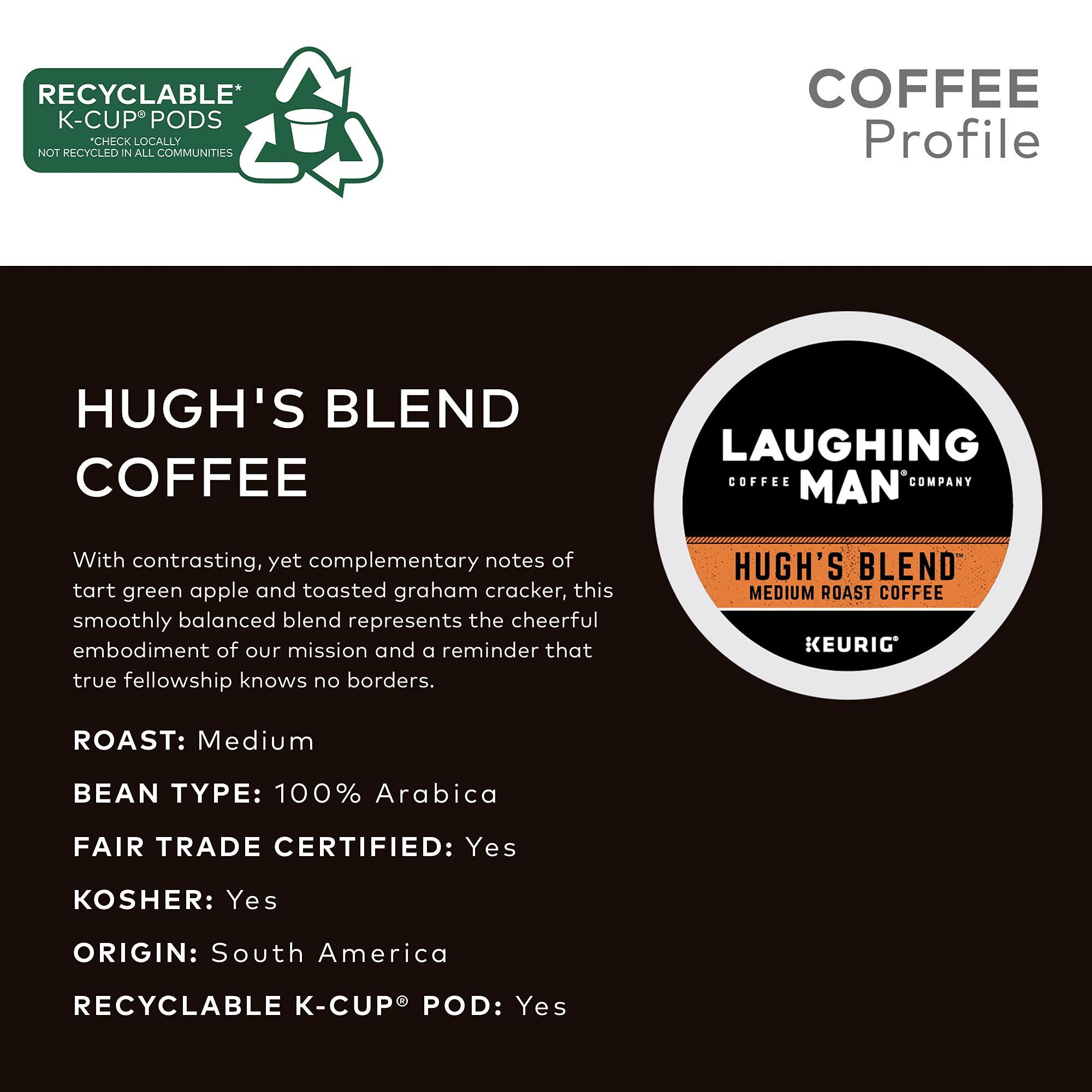LAUGHING MAN Laughing Man Hughs Blend Keurig Recyclable K-Cup Coffee Pods, Single-Serve Fair Trade Medium Roast Arabica Coffee for use with Keurig Coffee Makers, 88 Count (4 Packs of 22)