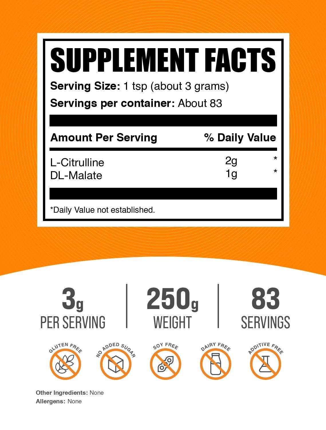 BulkSupplements BulkSupplements.com L-Citrulline Malate 2:1 Powder - Nitric Oxide Boost, Citrulline Malate Supplement - Unflavored & Gluten Free - 3g per Servings, 250g (8.8 oz) (Pack of 1)