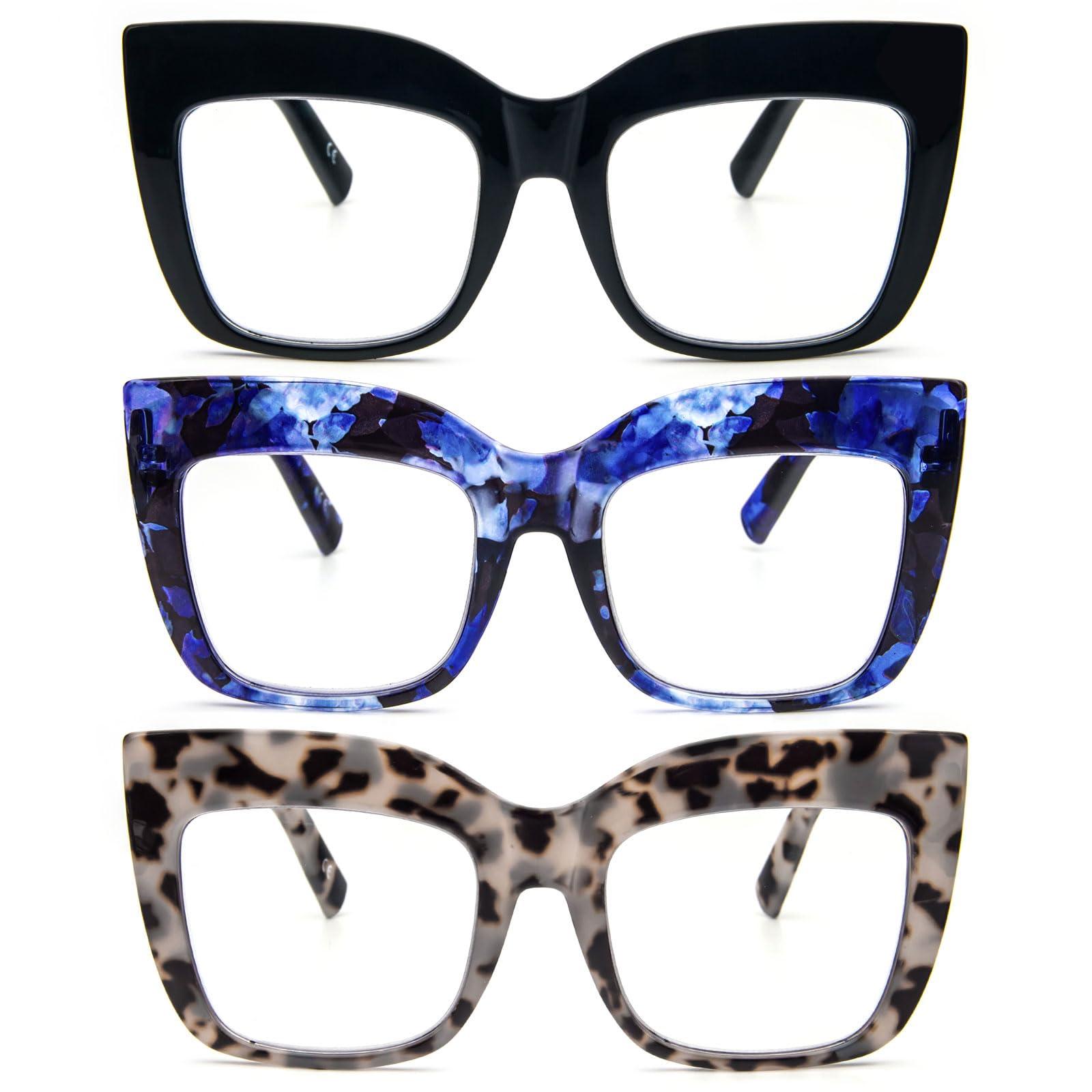 REAVEE REAVEE 3 Pack Oversized Reading Glasses for Women Thick Large Frame Blue Light Blocking Stylish Computer Readers Spring Hinge,Black Blue Grey 2.5