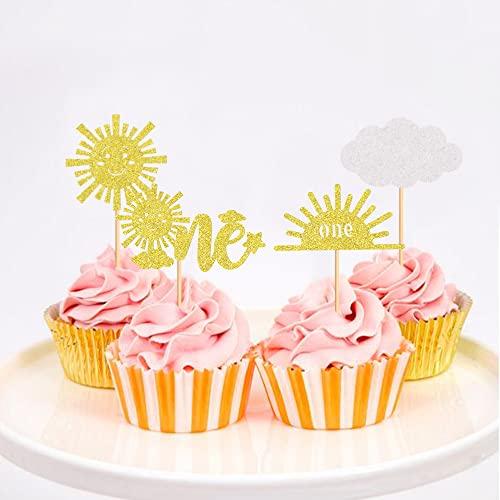 Cyodoos Cyodoos 24Pcs Sunshine One Cupcake Toppers Sun Simle Face Cloud You are My Sunshine First Birthday Cupcake Picks Baby Shower 1st Birthday Party Cake Decorations Supplies - Gold Glitter
