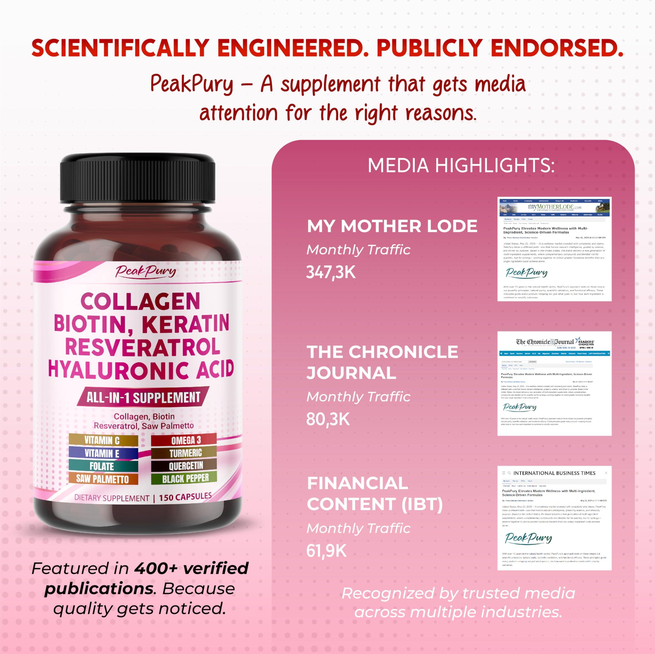 PEAKPURY PEAKPURY Collagen Biotin Resveratrol Saw Palmetto - Skin, Joint Health Support - Made in USA