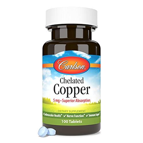 Carlson Carlson - Chelated Copper, 5 mg, Superior Absorption, Cardiovascular Health, Nerve Function & Immune Support, 100 Tablets