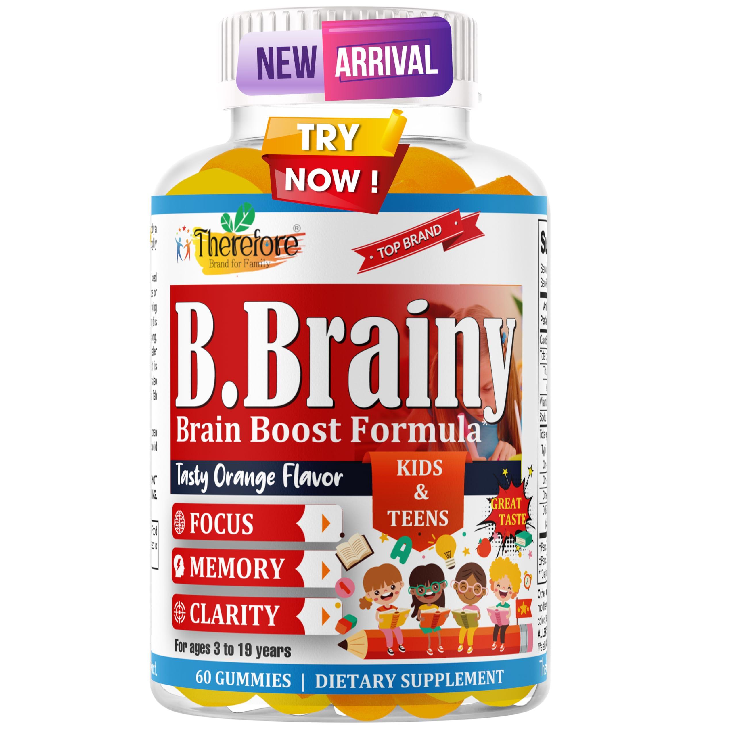 Therefore B.Brainy Brain Focus Gummies for Kids & Teens, Attentive Child Supplement, Brain Focus Vitamins for Kids & Teens, Vegan Omega 3 EPA/DHA, Support Memory, Clarity, Concentration, Low Sugar 60 Gummies