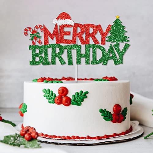 GotGala GotGala Merry Birthday Cake Topper Red &Green Glitter Christmas Birthday Cake Decoration Kids Christmas Birthday Party Cake Food Picks for Winter Onederland Xmas Birthday Baby Shower Decorations