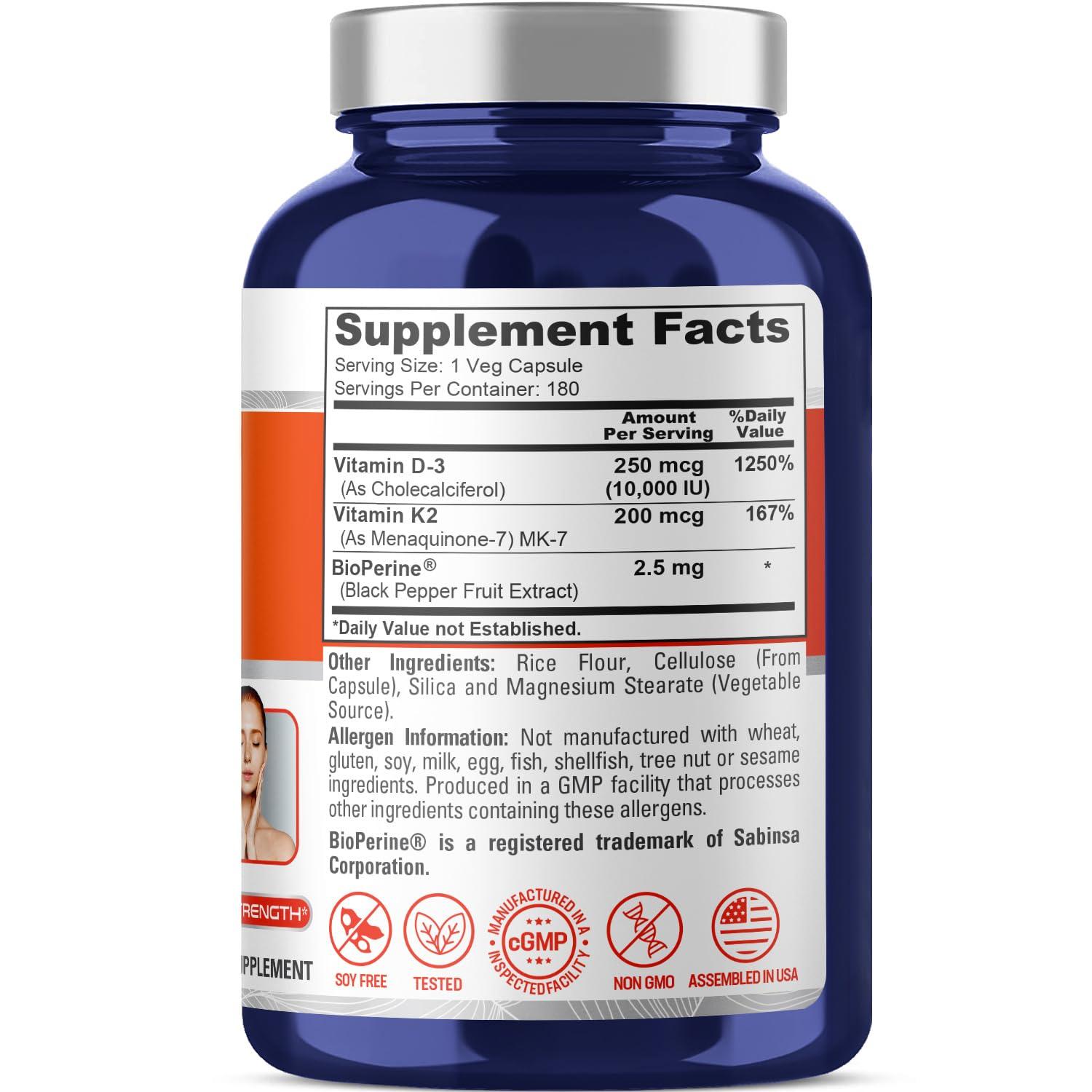 NusaPure NusaPure Vitamin K2 (MK7) (200mcg) + Vitamin D3 (10000 IU) 180 Veg Caps - Bioperine, Soyfree, Non-GMO