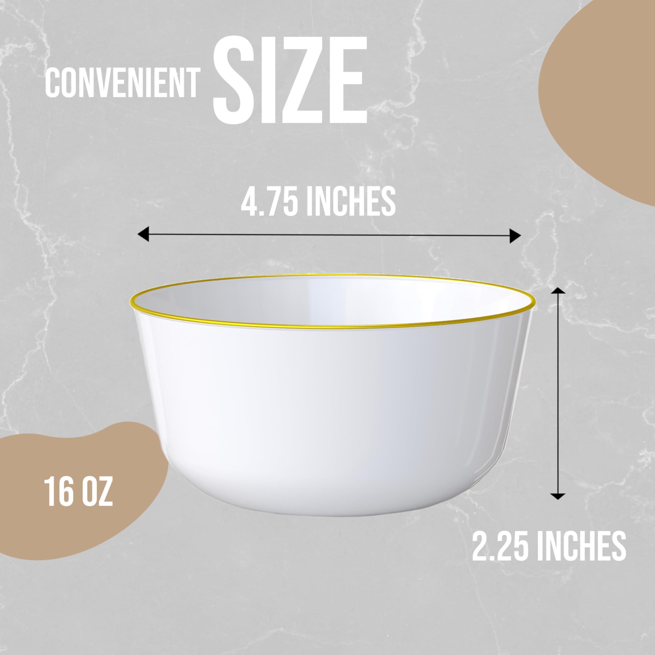 Trendables White With Gold Rim Plastic Bowls Disposable - 16 Oz Plastic Bowl 30 Count - Disposable Soup Bowls - Large Plastic Bowls - Heavy Duty Cereal Bowl - Plastic Serving Bowls For Weddings And Parties