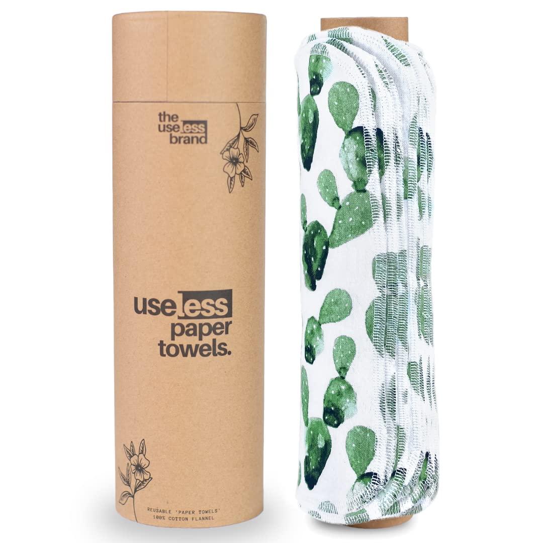 The Useless Brand The Useless Brand Reusable Paper Towels Roll | 12 Eco Friendly Washable Cotton Flannel Towels w/Cardboard Roll | Zero Waste & Sustainable | Fits on All Holders (Cactus, 12 Towels)
