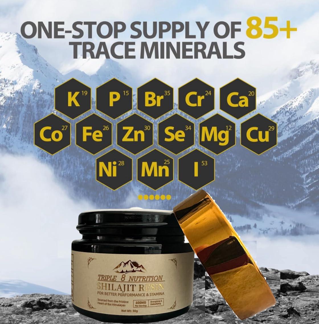 Triple 8 Nutrition Shilajit Resin 50g Bottle Absolutely Pure Wild Himalayan Authentic Natural Organic Fulvic Acid and 85+ Trace Minerals Most Potent for Men and Women Third Party Lab Tested ISO: 17025 Accredited USA