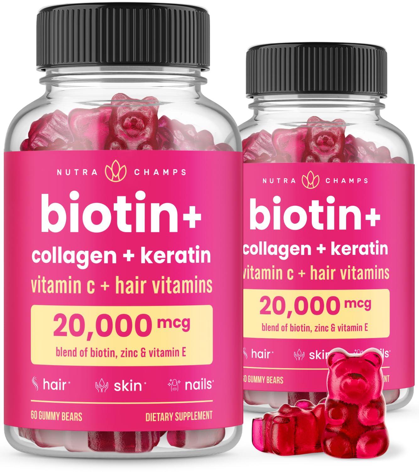 NutraChamps Hair Skin & Nails Gummies | Biotin with Collagen & Keratin | 5000mcg Biotin Beauty Complex | Vitamin Supplement | Berry | 120 Count for Women & Men | Healthy Hair, Radiant Skin & Strong Nails (2 Pack)