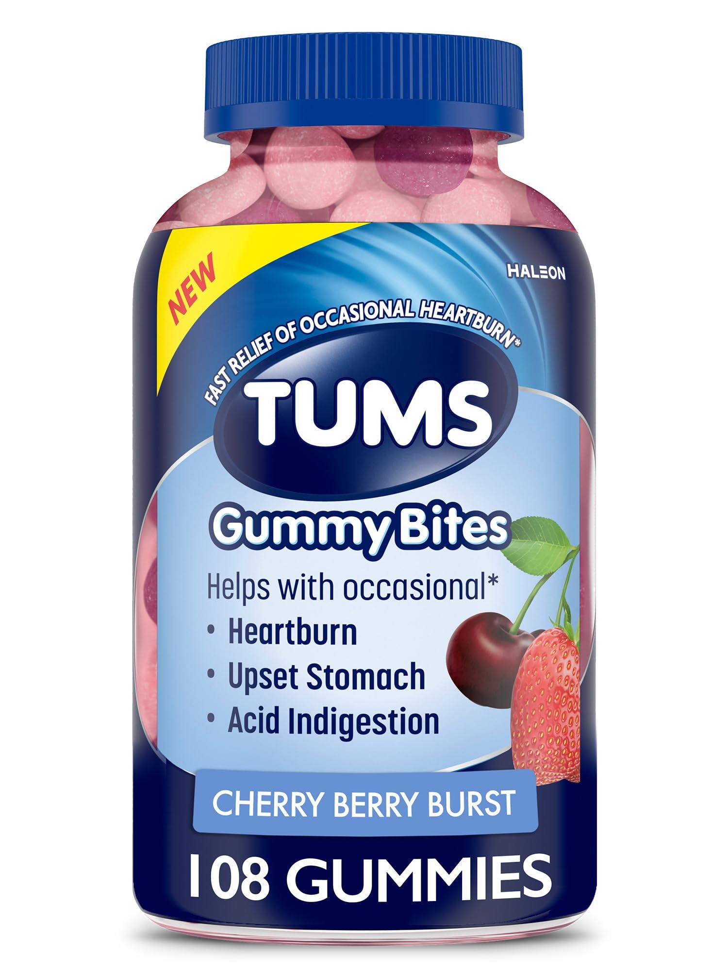 TUMS TUMS Gummy Bites Dietary Supplement for Occasional Heartburn Relief, Upset Stomach and Acid Indigestion, Great for a Summer BBQ - Cherry Berry Burst - 108 Count