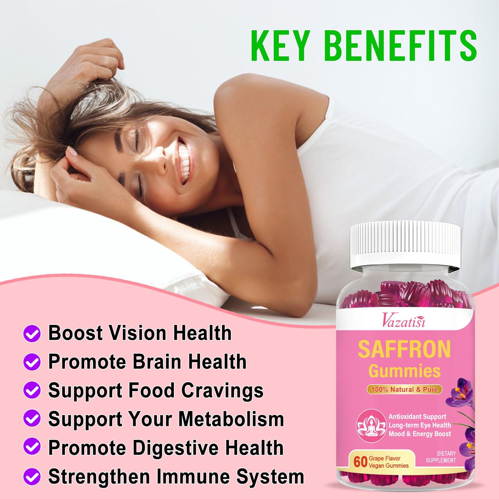Vazatisi Natural Saffron Gummies - Sugar Free Saffron Supplement with Saffron Extract 100 mg, Magnesium, GABA, Rhodiola - Mood | Focus | Vision | Energy Support - NonGMO Vegan - 120 Gummies, 2 Month Supply