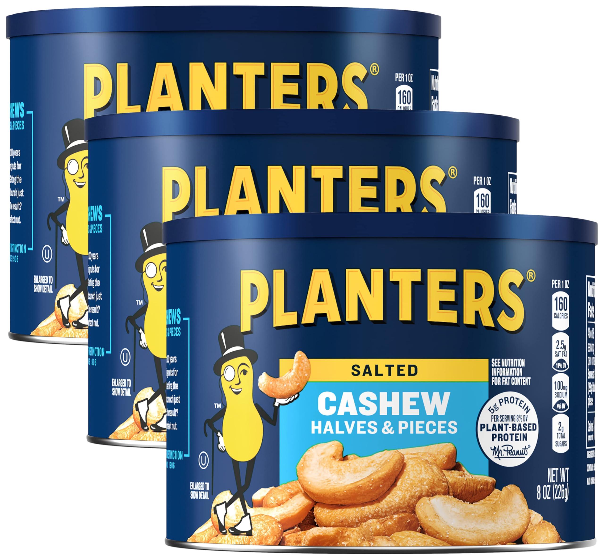 Planters PLANTERS Salted Cashew Halves & Pieces, Party Snacks, Plant-Based Protein 8oz (1 Canister) (Pack of 3)