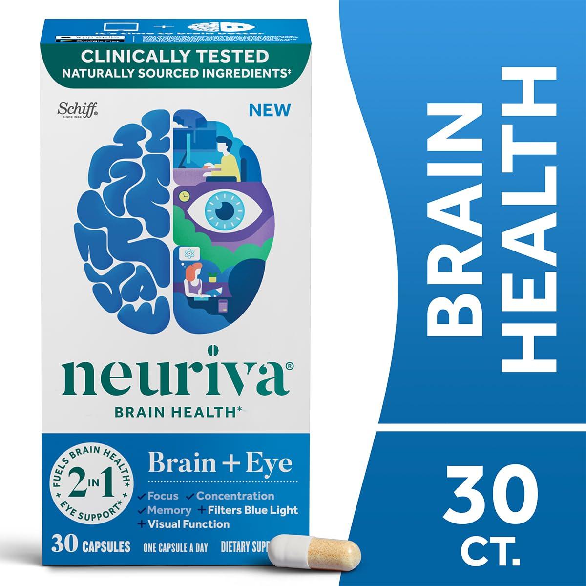 NEURIVA NEURIVA Brain + Eye Supplement for Memory, Focus & Concentration with Clinically Tested Lutein and Zeaxanthin, Vitamins A C & E + Zinc for Eye Health & Filter Blue Light 30 Count Capsules (2 Pack)