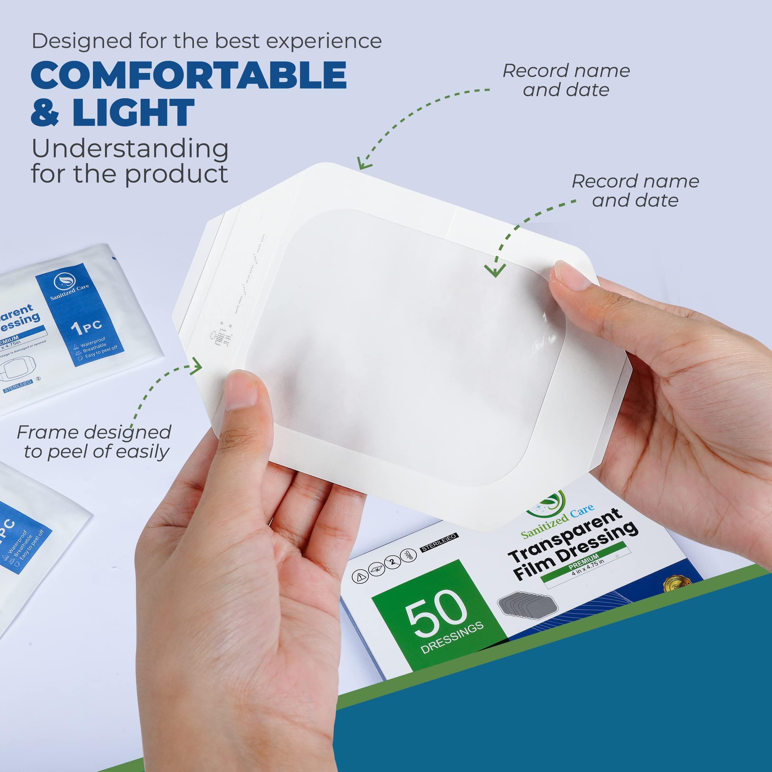 Sanitized Care Premium Transparent Film Dressing, 4\" x 4.75\" Pack of 50 Waterproof Wound Bandage for Post Surgical Shower or IV Shield, Clear Tattoo Aftercare Bandage & Adhesive Patches