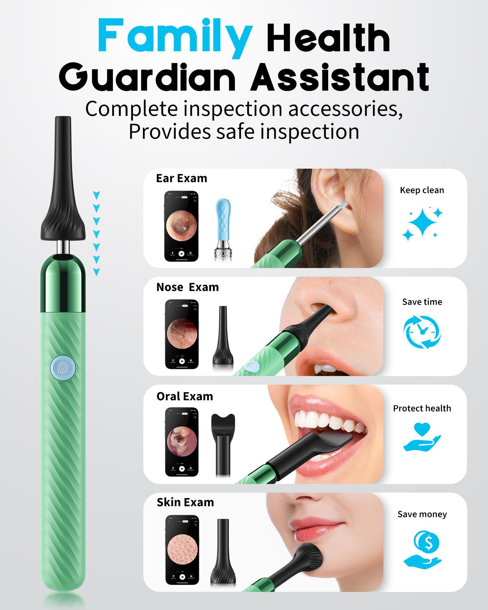 Loyker Ear Wax Removal Tool Camera Otoscope with Light, Ear Wax Removal Kit with 6 Ear Pick, Ear Camera- Green