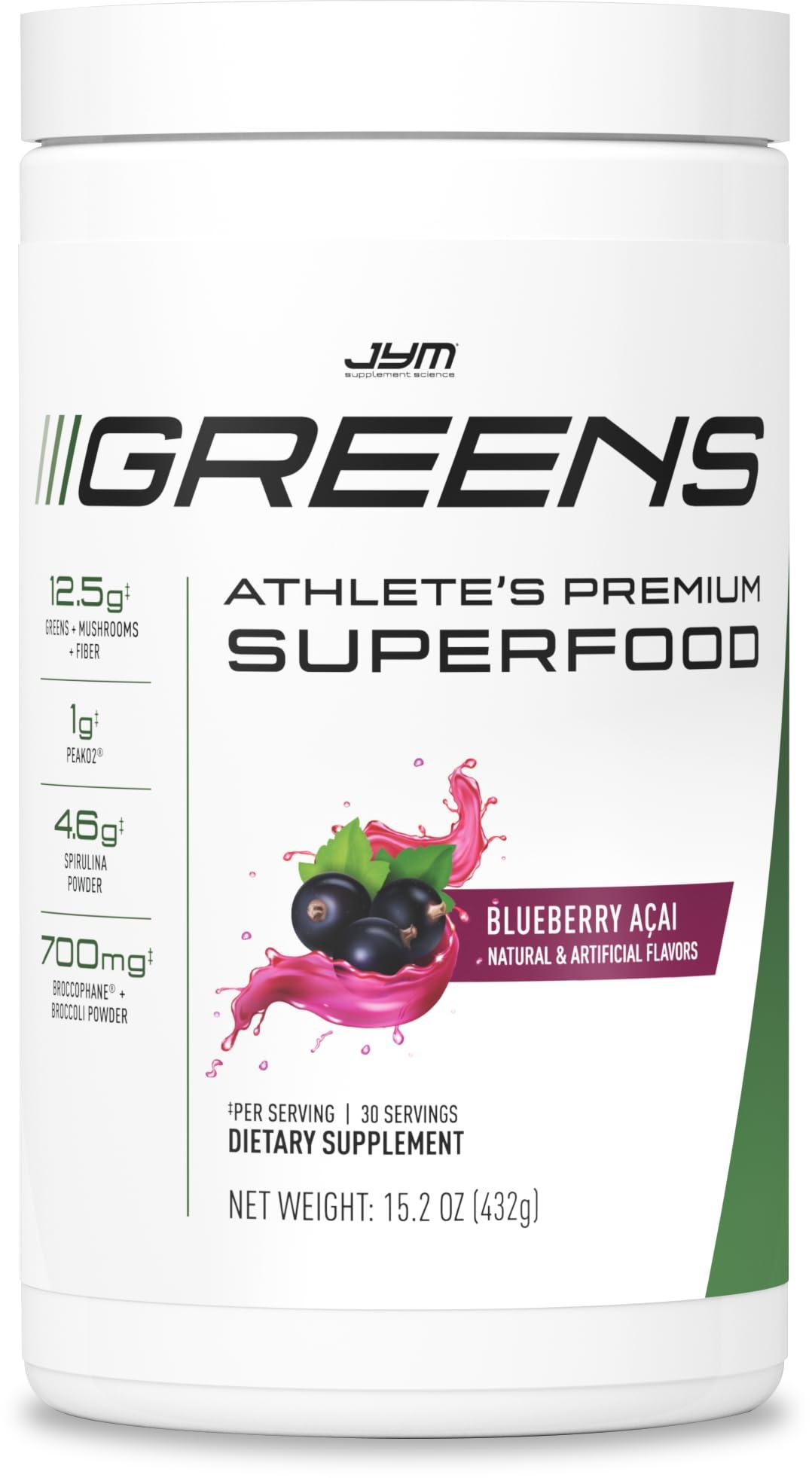 JYM Supplement Science JYM Greens Super Food Powder for Performance, Blueberry Acai, Spirulina, Mushrooms, Vitamins, BroccoPhane & Broccoli, Men & Women, 30 Servings