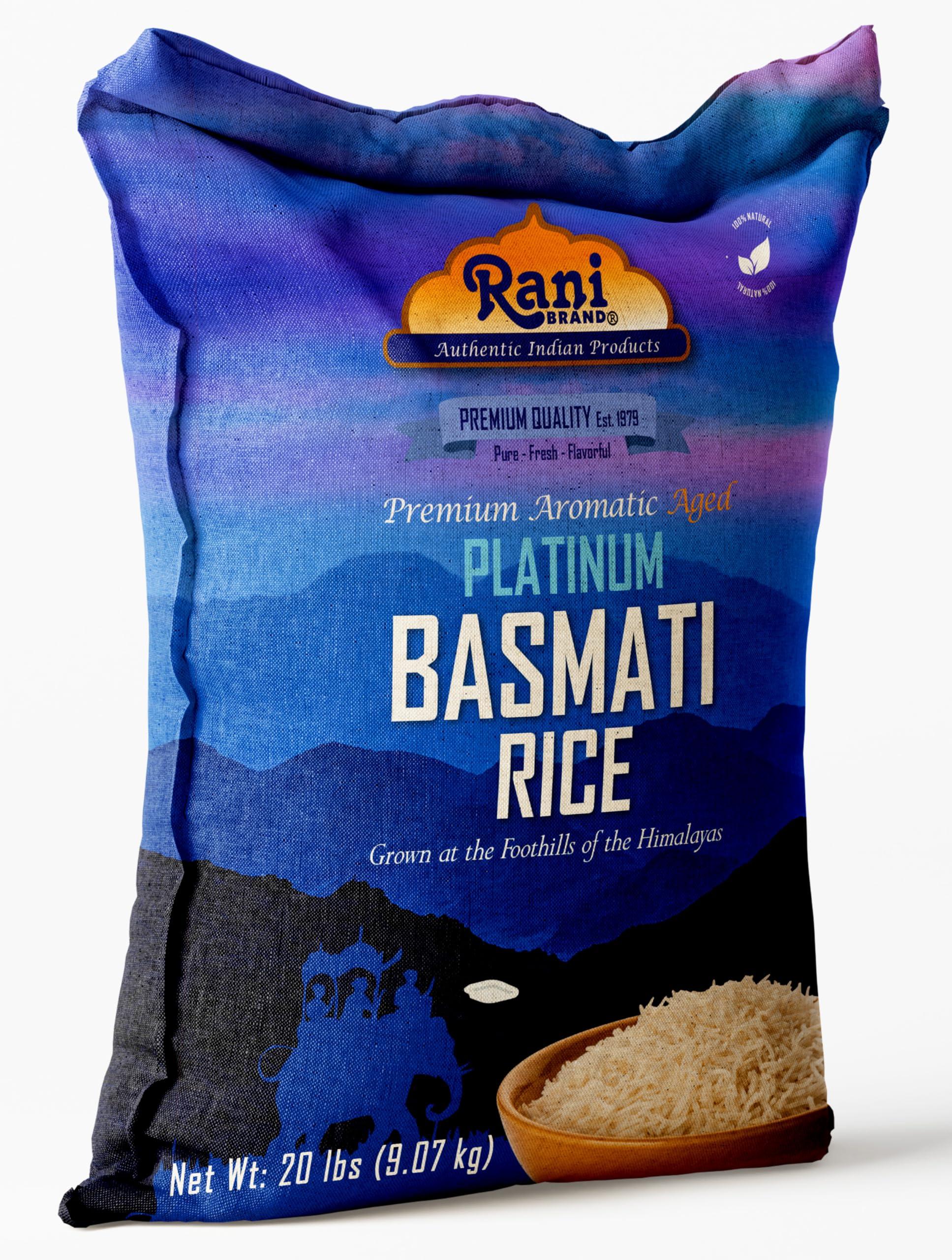 Rani Brand Authentic Indian Products Rani Platinum White Basmati Rice Extra Long Aged 20-Pound Bag, 320oz (20lbs) 9.08kg ~ All Natural | Gluten Friendly | Vegan | Indian Origin | Kosher | Export Quality