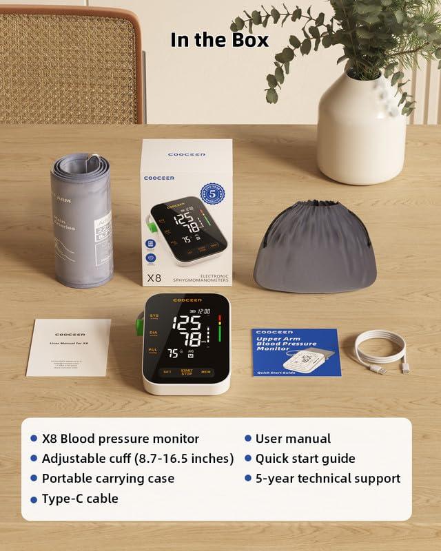 COOCEER Automatic Blood Pressure Monitor: X8 Digital Blood Pressure Machine Upper arm for Home use with Adjustable BP Cuff(8.7-16.5\") - Large Backlit Display (Black)