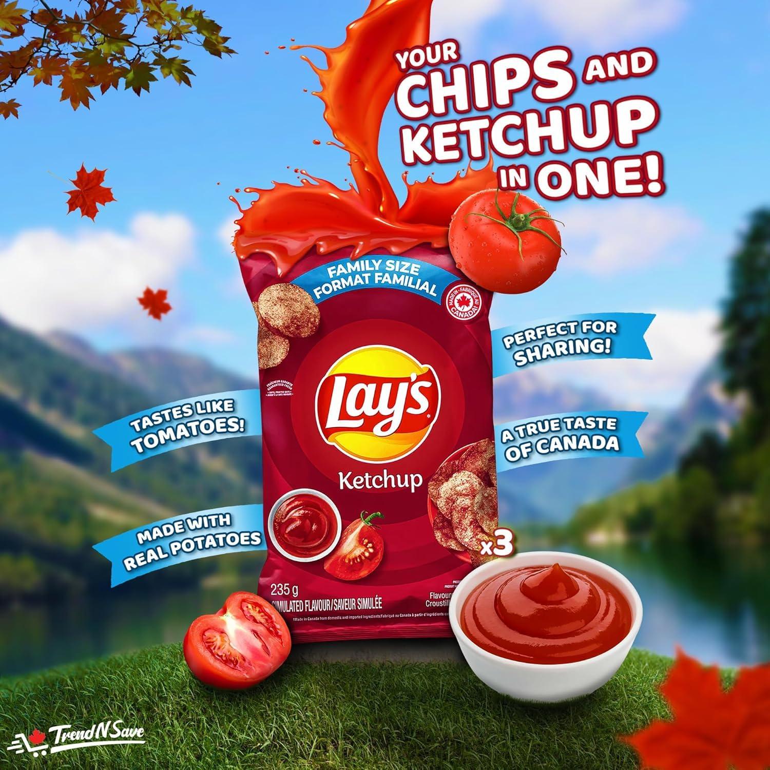 TRENDNSAVE Lay\'s Ketchup Potato Chips Family Bag; Canadian Chips; For Sharing; 235g/8.28oz (Pack of 4) Shipped from Canada