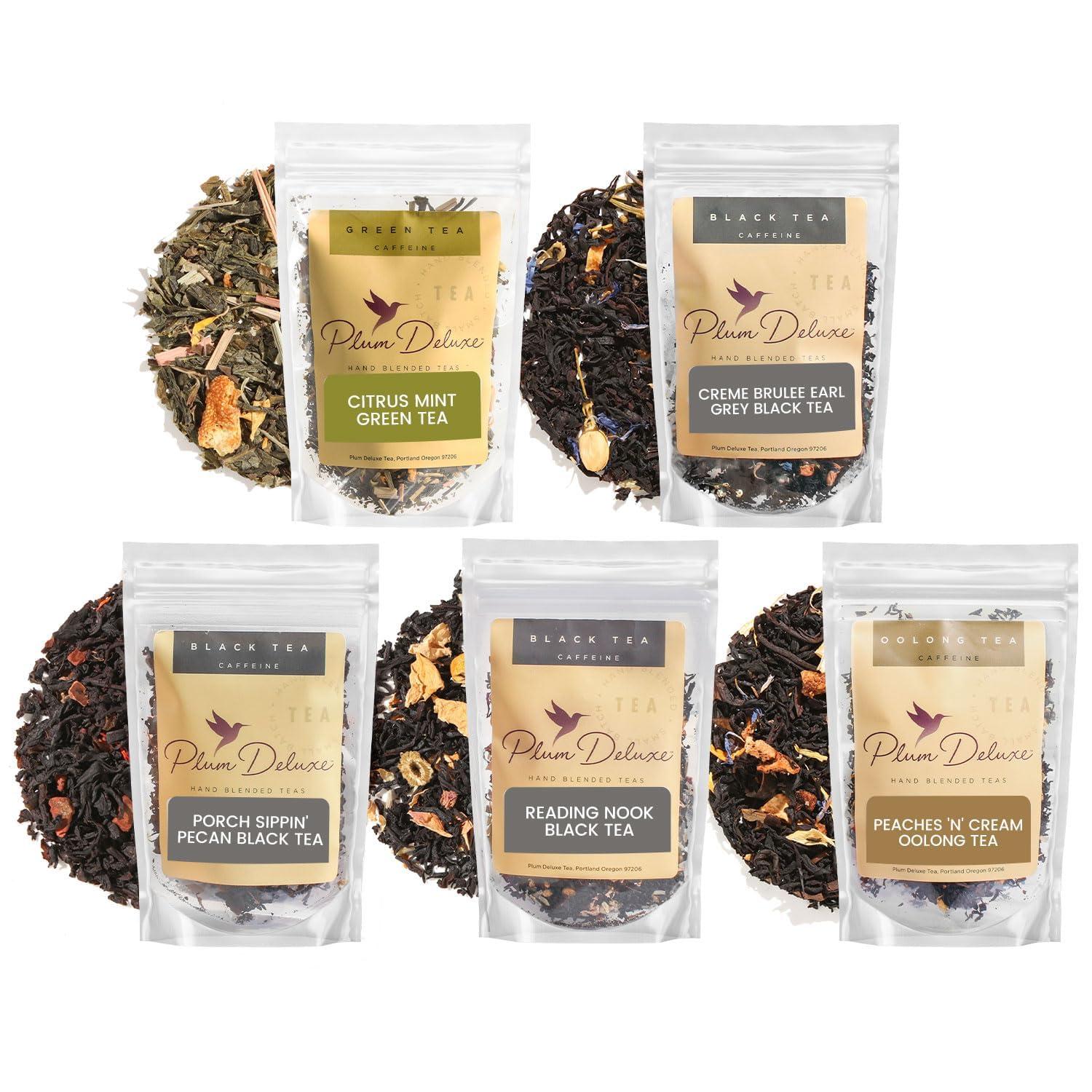 Plum Deluxe Plum Deluxe Variety Pack - Premium Loose Leaf Tea Sampler with Caffeine, Creme Brulee Earl Grey, Citrus Mint Green, Peaches & Cream Oolong, Pecan Black & Floral Black