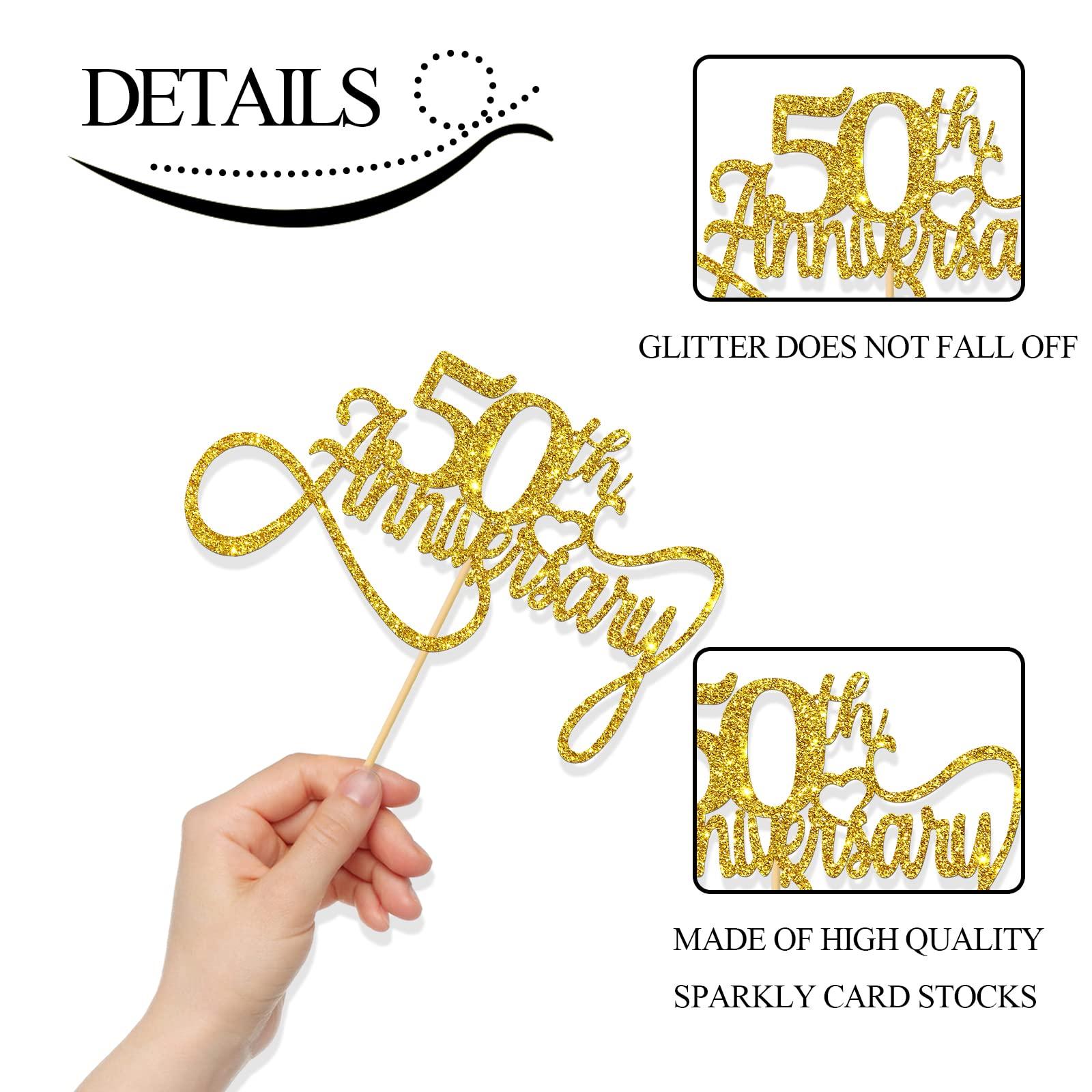 MonMon & Craft Gold Glitter 50th Anniversary Cake Topper / Happy 50th Birthday Cake Topper / 50th Wedding Anniversary Birthday Theme Party Decorations