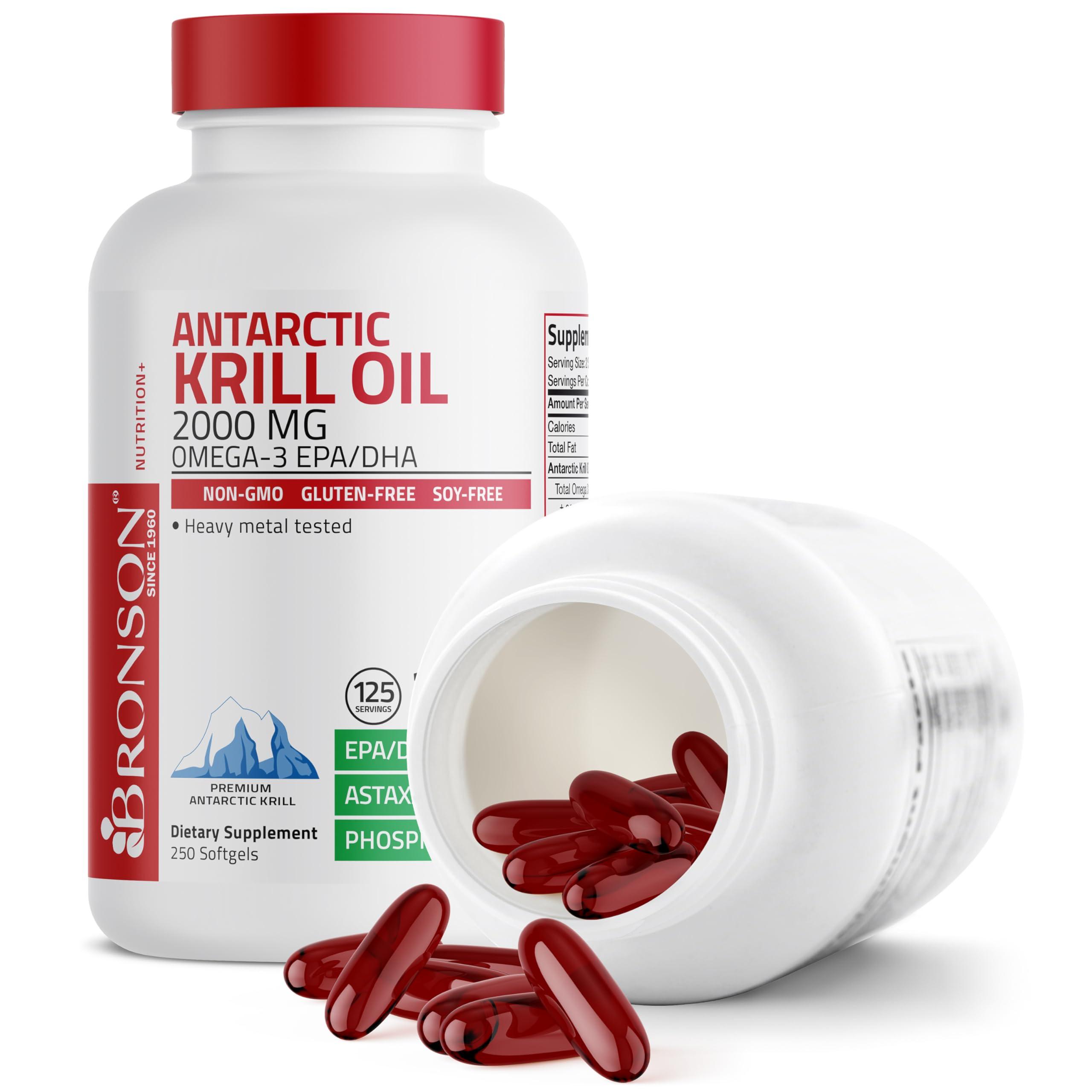 Bronson Bronson Antarctic Krill Oil 2000 mg with Omega-3s EPA, DHA, Astaxanthin and Phospholipids, 250 Softgels (125 Servings)