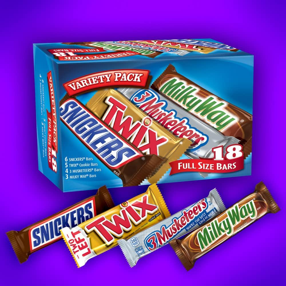 Mars SNICKERS, TWIX, 3 MUSKETEERS & MILKY WAY Full Size Christmas Candy Chocolate Bar Variety Box, 18 Count