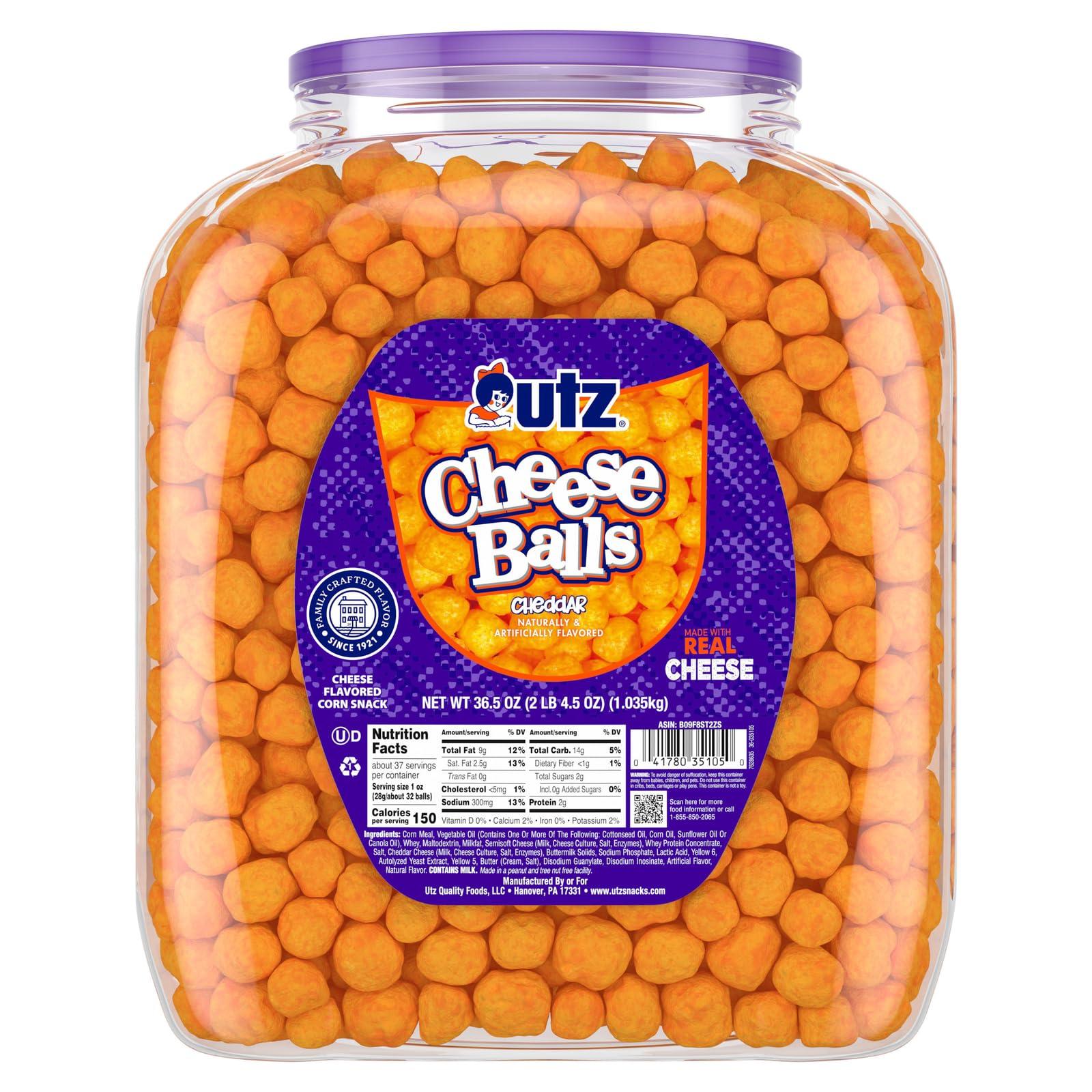 Utz Utz Cheese Balls Barrel, Tasty Snack Baked with Real Cheddar Cheese, Delightfully Poppable Party Snack, Gluten, Cholesterol and Trans-Fat Free, Kosher Certified, 36.5 Oz
