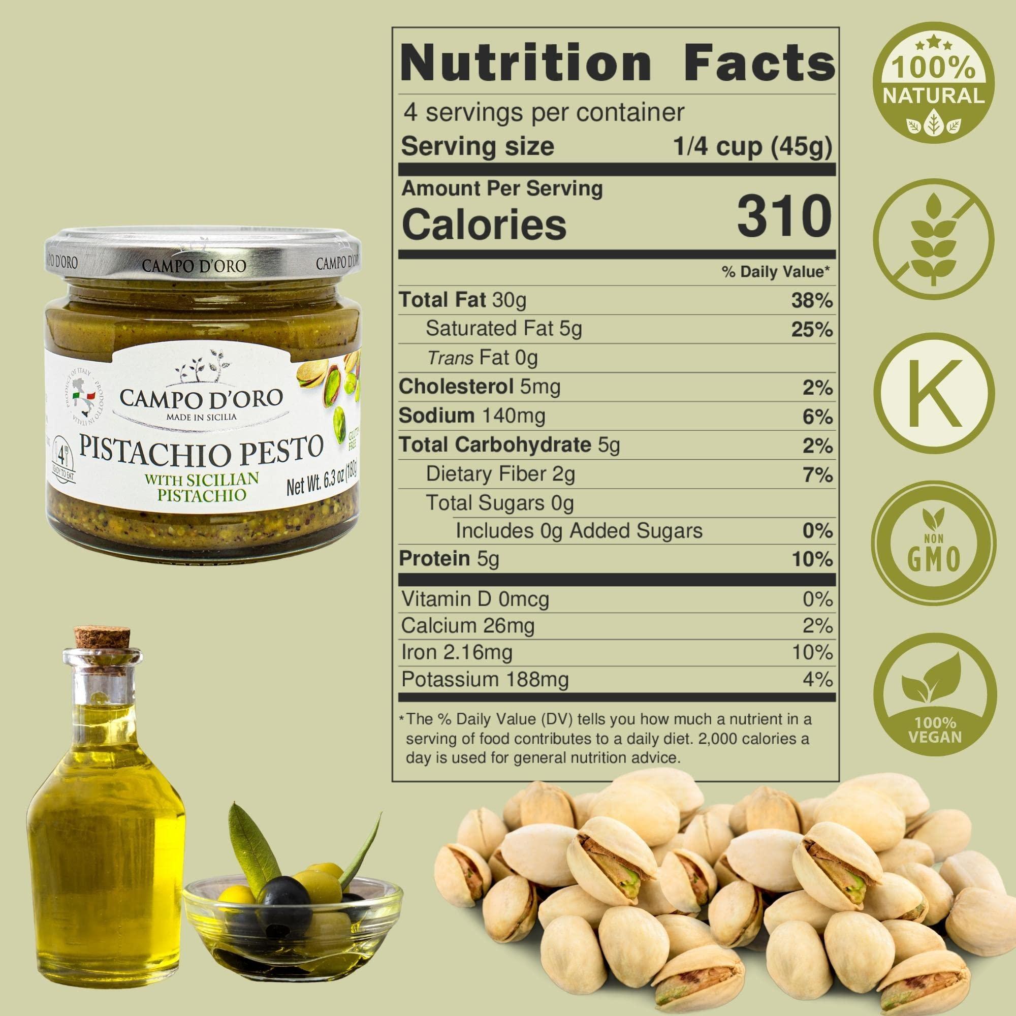 CAMPO D'ORO Pistachio Pesto, Paste, UnSweetened, Sicilian Pesto Sauce, Savory, Creamy, Spreadable, 6.35oz, Sicily, Italy. By Campo D\'Oro
