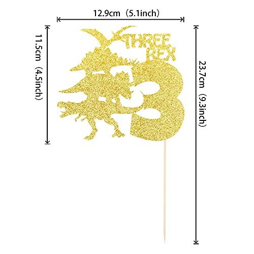 ZHUOWEISM 1 PCS Three Rex Birthday Cake Topper with Glitter Dinosaur 3rd Birthday Cake Pick Baby Shower 3rd Birthday Dinosaur Theme Party Decorations Supplies Gold