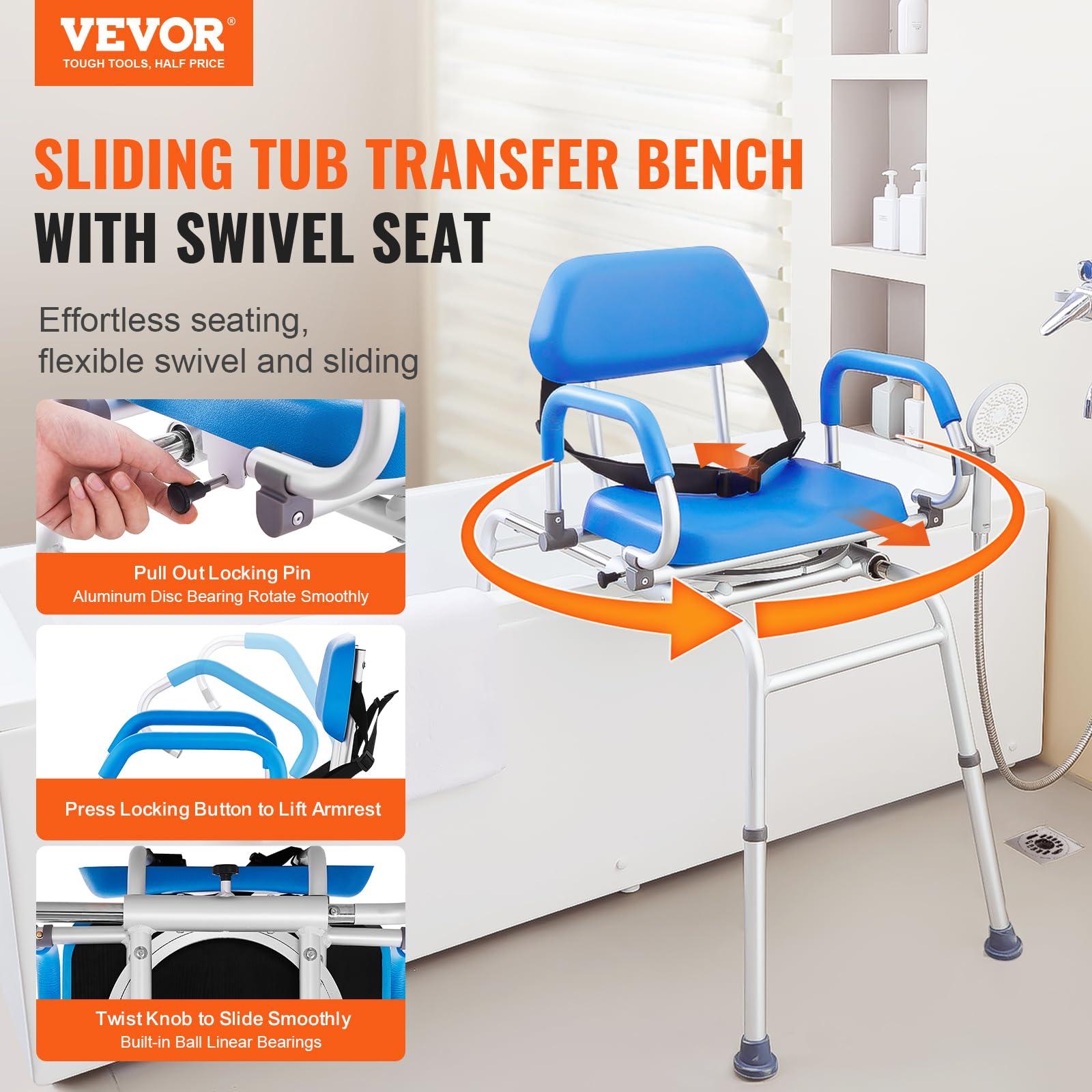 VEVOR VEVOR Sliding Tub Transfer Bench with 360 Degree Swivel Seat, Sliding Shower Chair with Pivoting Armrest & Padded Seat and Safety Belt, Height Adjustable Bath Chair for Elderly Disabled, 330LBS