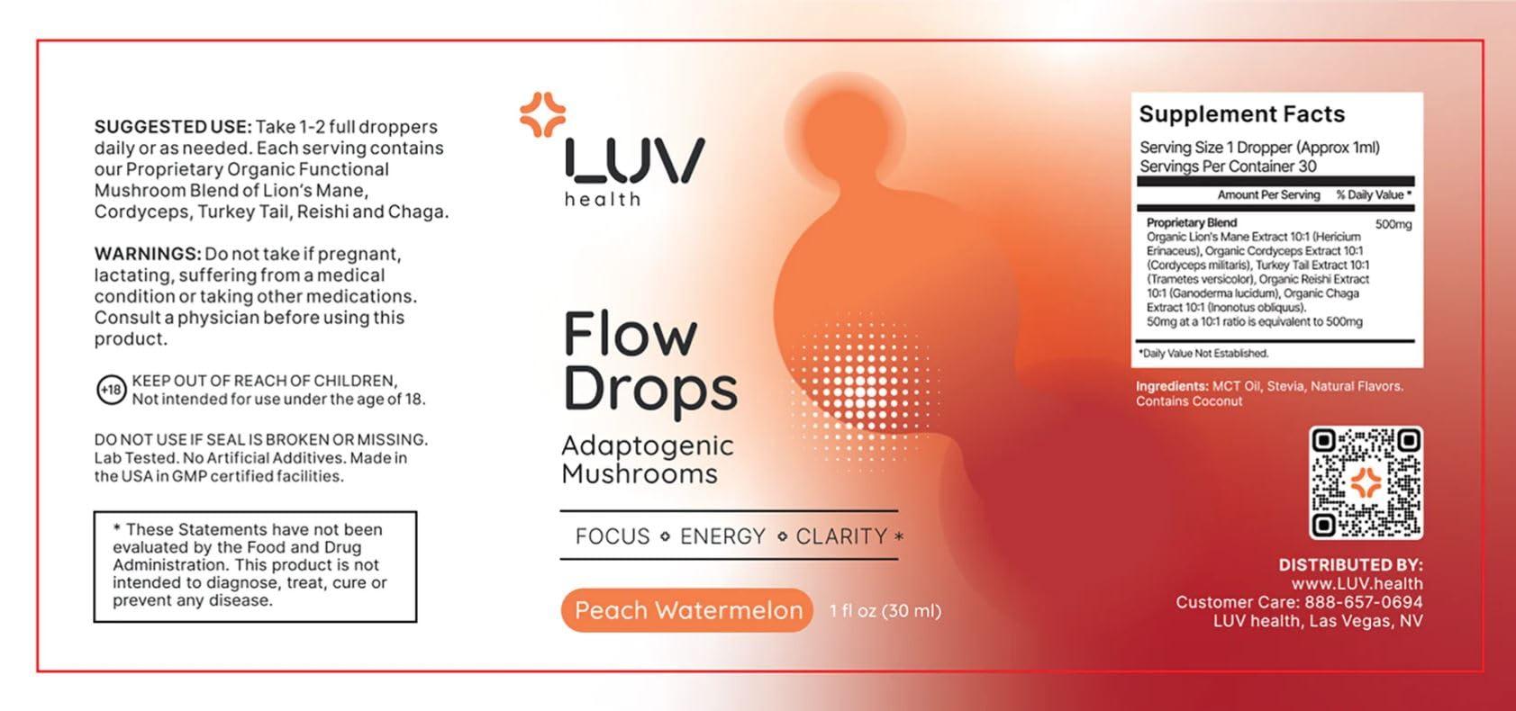 LUV health LUV Flow Drops: Adaptogen Mushroom Blend for Mental Clarity & Energy, Vegan Keto, Focus & Immunity Support, Lion\'s Mane, Cordyceps, Reishi, USA Made, Non-GMO, 30 Servings (1)